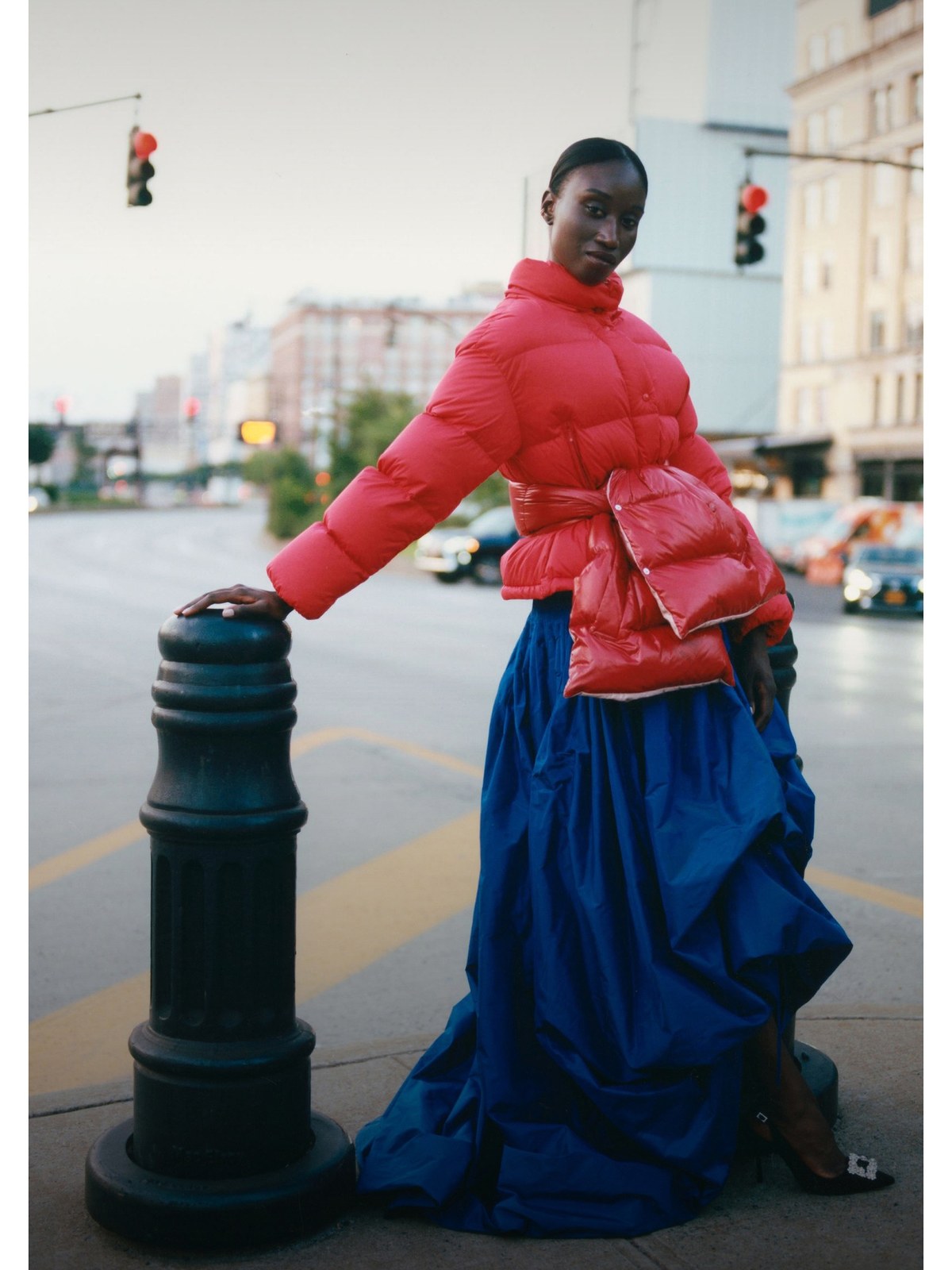 People and Places, Vogue, 2017: a New Yorker in a red cropped Moncler down jacket, photographed by Maciek Pozoga
