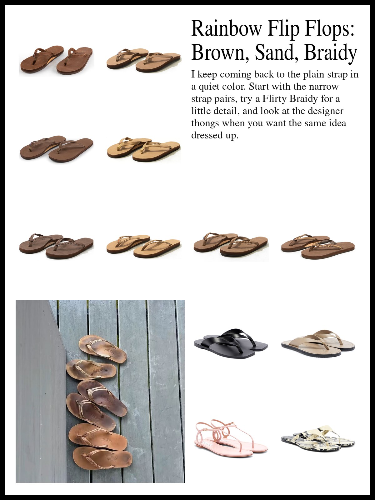 Collage of brown and sand Rainbow Sandals narrow strap flip flops, Flirty Braidy flip flops, and flat designer leather thong sandals, and a mood photo of a row of worn brown leather flip flops on a gray wooden deck.