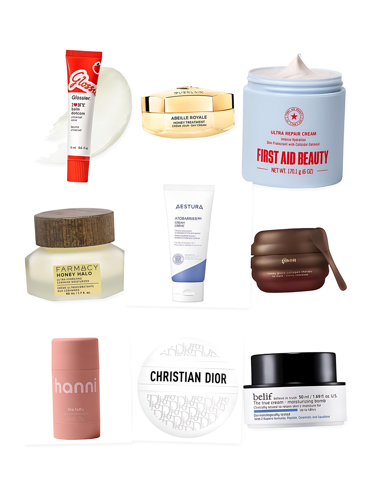 Collage on a white background showing Farmacy Honey Halo Ultra-Hydrating Ceramide Moisturizer, First Aid Beauty Ultra Repair® Cream Intense Hydration – Face and Body Moisturizer for Skin Repair, Glossier Balm Dotcom Lip Balm and Skin Salve, Gisou Honey Glaze Collagen Therapy Lip Mask, Aestura ATOBARRIER365 Cream Moisturizer with Ceramides & Niacinamide for Skin Moisture Barrier Repair, Dior Le Baume Revitalizing Multi-Use Balm, Guerlain Abeille Royale Honey Treatment Day Cream with Hyaluronic Acid, belif The True Cream Moisturizing Bomb with Peptide and Ceramide and Hanni The Fatty, Fatty Acid Moisture Stick for moisture barrier.