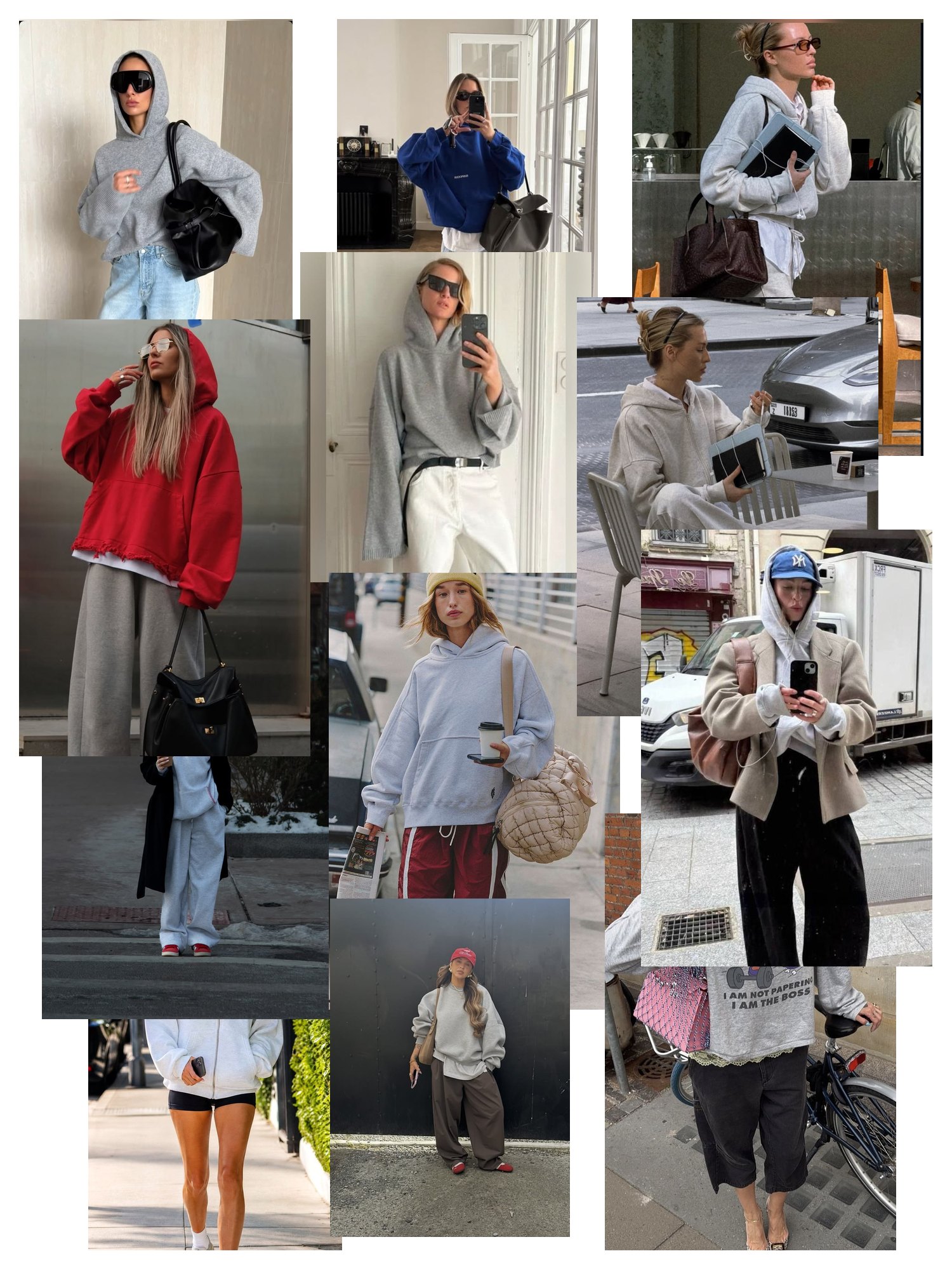 Street-style collage of 12 outfit photos featuring comfort hoodie, scattered and overlapping