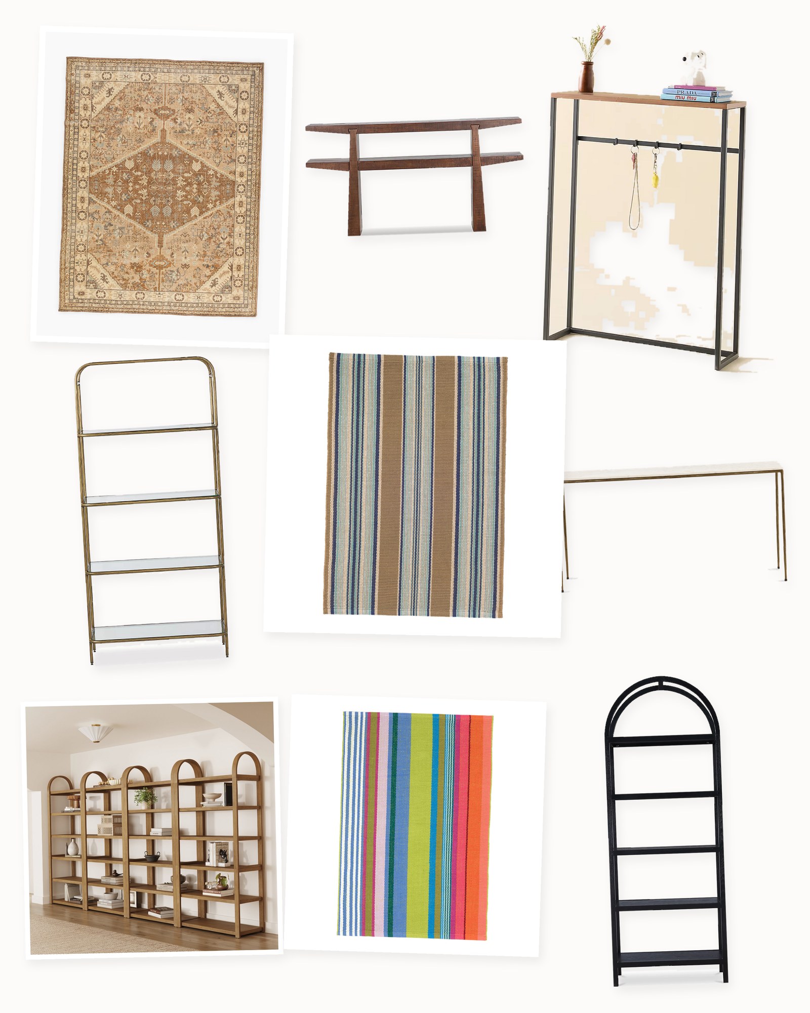 Collage on an off-white background showing Heron Stripe Handwoven Cotton Rug in Blue, Sidle Console Table, Eero Arched Oak Bookcase, Tulie Hand-Knotted Wool Rug, Keystone Reclaimed Wood Console Table, Swinton Etagere Aged Brass Bookcase, Mellie Stripe Handwoven Cotton Rug in Multi, Ember Narrow Entryway Console Table and Wooden 6-Tier Arched Etagere Bookcase.