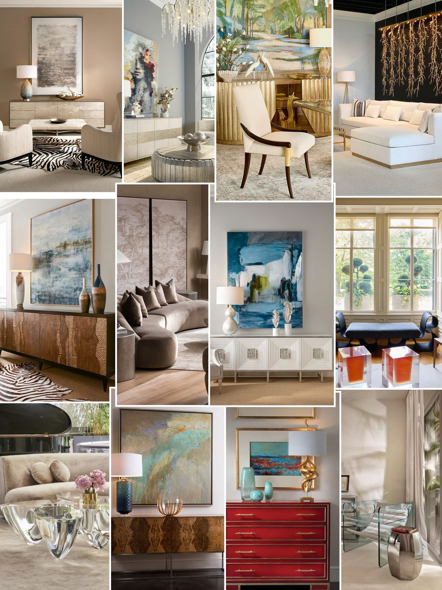 Collage of elegant living rooms, sculptural furniture, art, lighting and decorative objects
