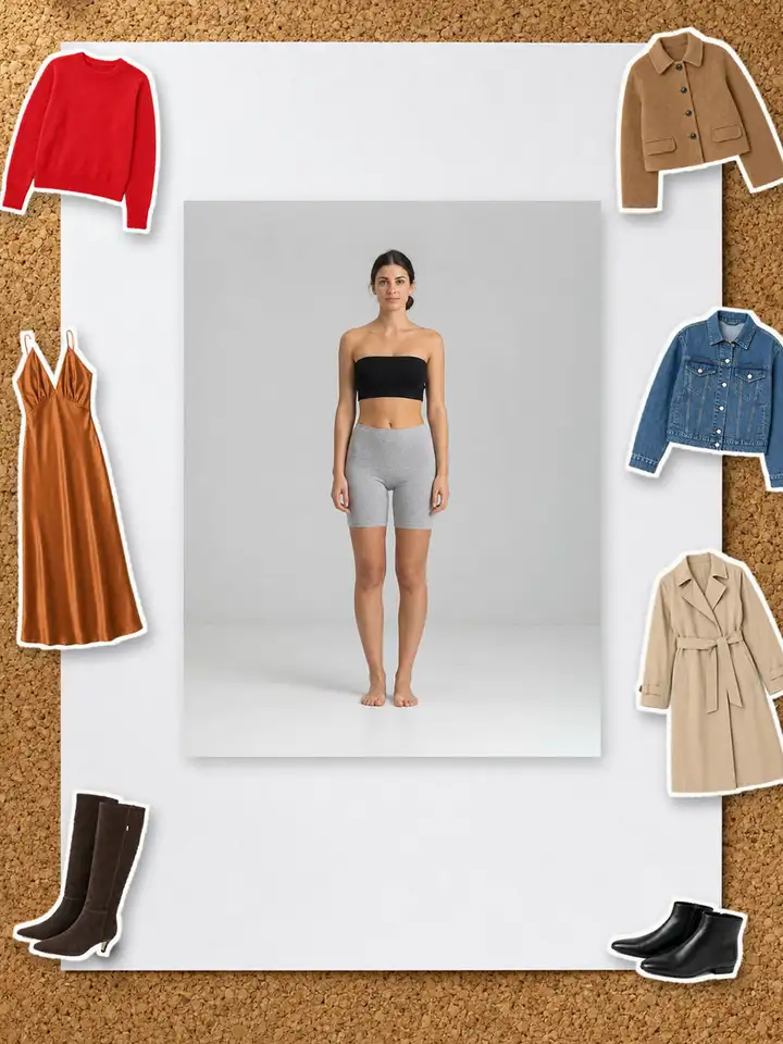 Phia ad: a copper silk slip dress, knits, jackets and boots from this edit jump onto a model on a corkboard in stop-motion. Mix. Match. Restyle. Repeat. Your whole closet, in your pocket. Install Phia.