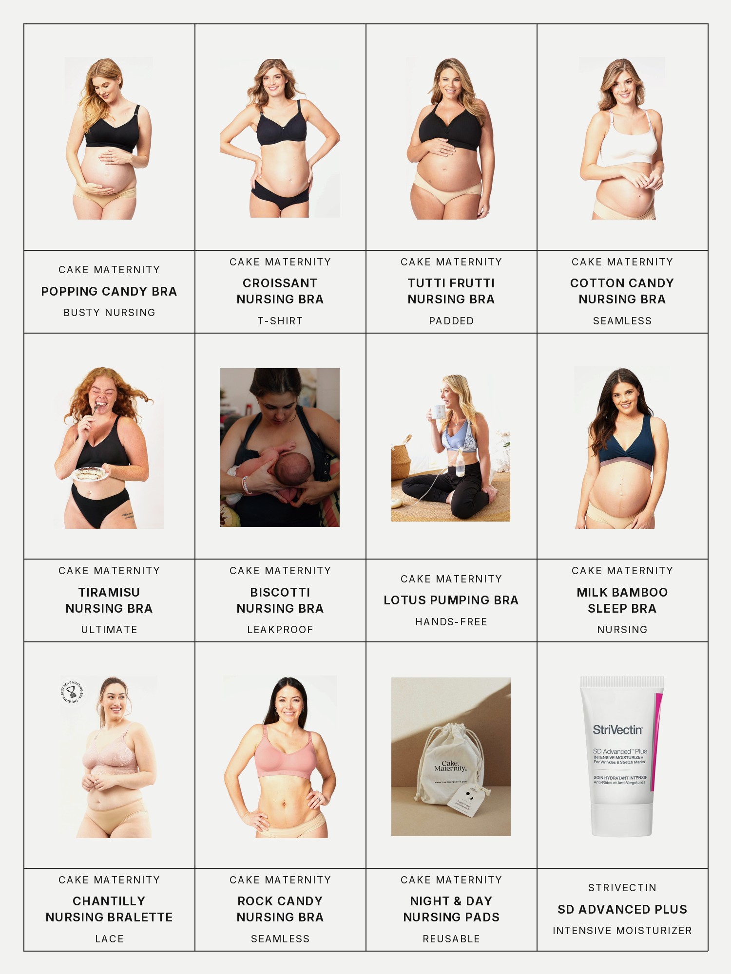 Twelve boxes on a pale grey page, one for each product in this edit, each with its brand and name printed below: Cake Maternity Popping Candy Busty Maternity & Nursing Bra, Cake Maternity Croissant T-shirt Nursing Bra, Cake Maternity Tutti Frutti Padded Nursing Bra, Cake Maternity Cotton Candy Seamless Nursing Bra, Cake Maternity Tiramisu Ultimate Nursing Bra, Cake Maternity Biscotti Skin To Skin Leakproof Nursing Bra, Cake Maternity Lotus Hands-free Nursing & Pumping Bra, Cake Maternity Milk Bamboo Sleep Nursing Bra, Cake Maternity Chantilly Lace Nursing Bralette, Cake Maternity Rock Candy Seamless Nursing Bra, Cake Maternity Night & Day Reusable Nursing Pads and StriVectin SD Advanced Plus Intensive Moisturizer for Stretchmarks and Wrinkles.