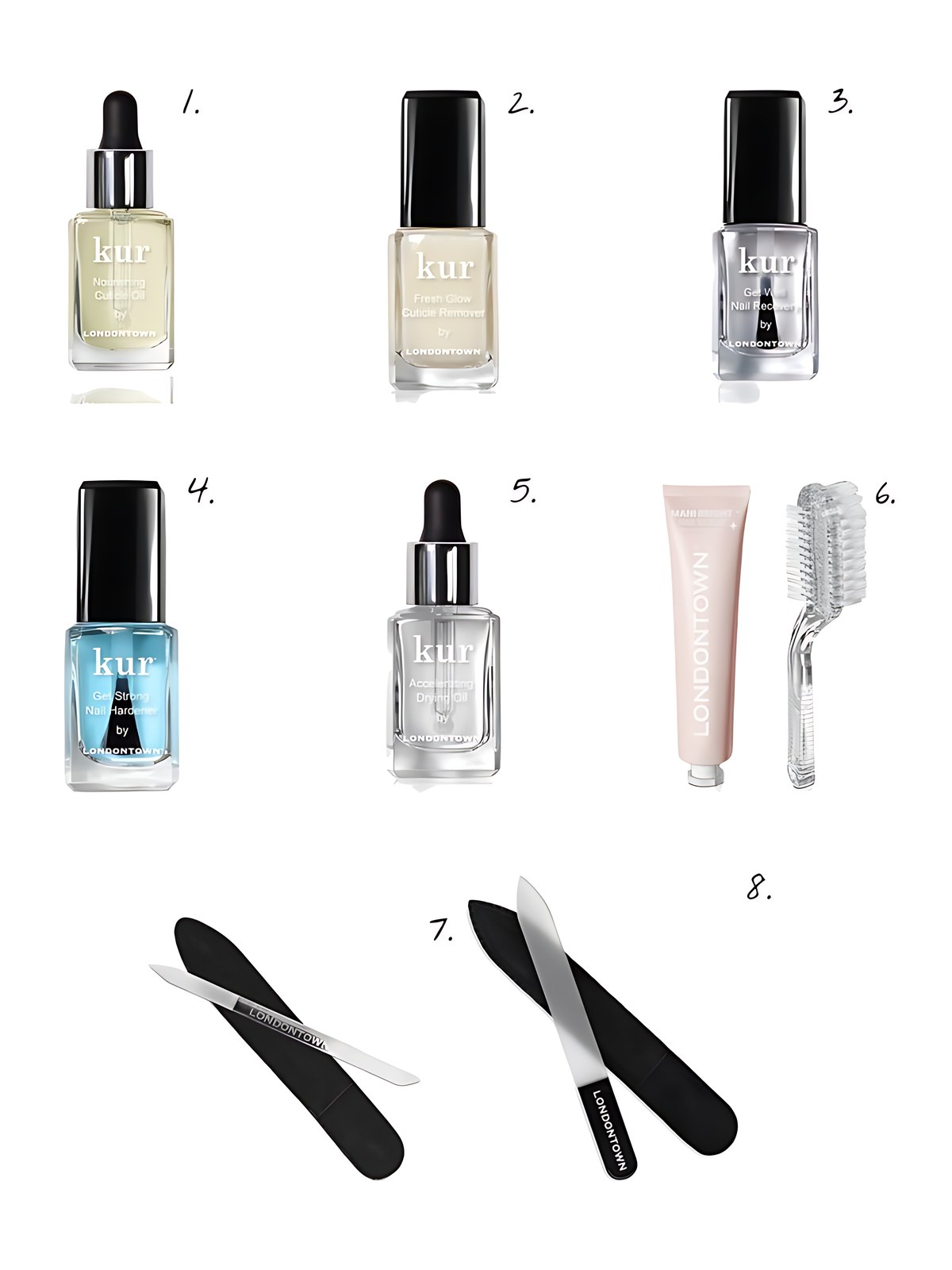 Numbered collage: 1. Londontown Nourishing Cuticle Oil 0.4 oz.; 2. Londontown Fresh Glow Cuticle Remover 0.4 oz.; 3. Londontown Get Well Nail Recovery 0.4 oz.; 4. Londontown Get Strong Nail Hardener 0.4 oz.; 5. Londontown Accelerating Drying Oil 0.4 oz.; 6. Londontown Mani Bright Nail Scrub 1.52 oz.; 7. Londontown Glass Cuticle Pusher; 8. Londontown Black Glass Nail File