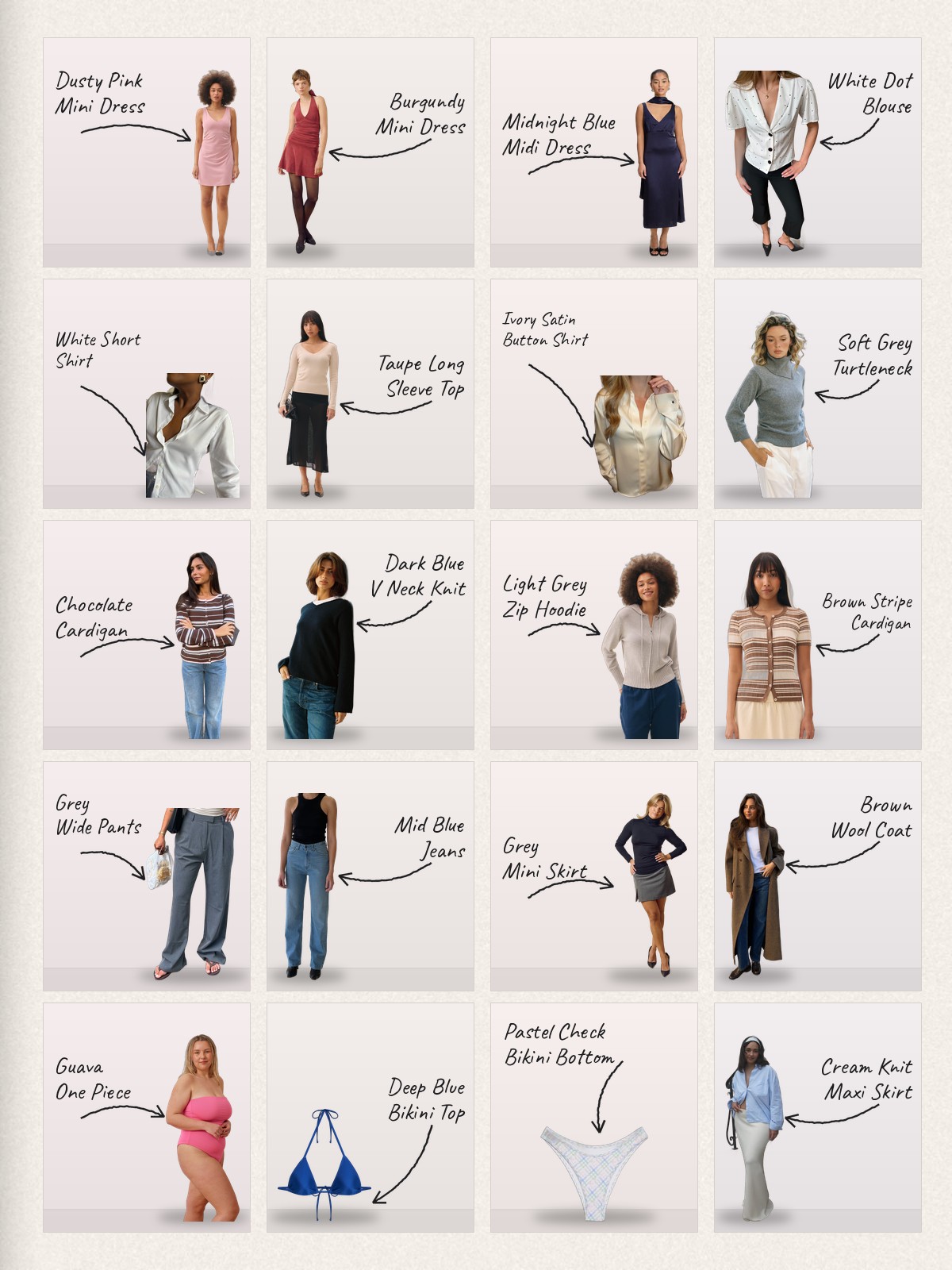 Collage: twenty Djerf Avenue products with handwritten labels