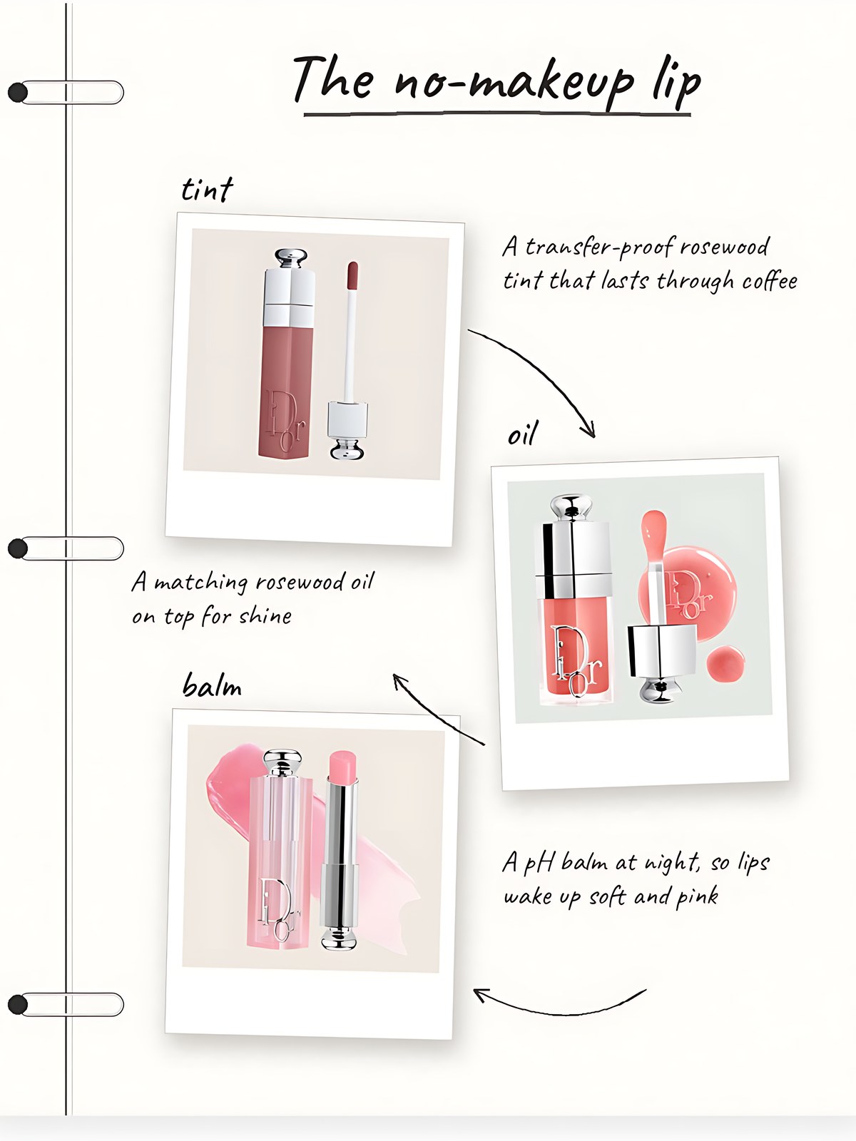 Notebook collage showing Dior Addict Lip Tint in Natural Rosewood, Dior Lip Glow Oil in Rosewood and Dior Addict Lip Glow Balm in Pink as three steps