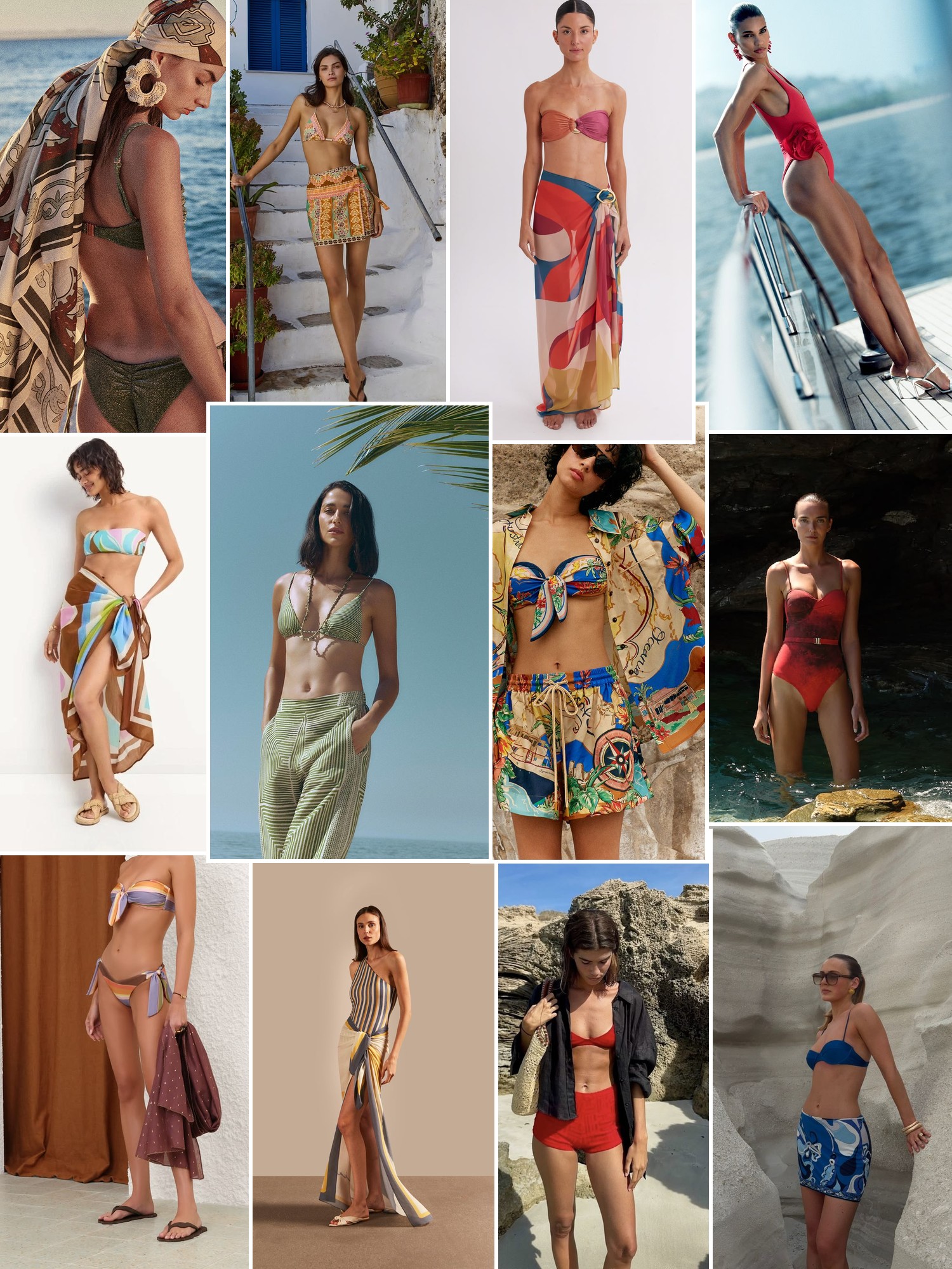 Colorful swimwear and resort layers on beaches, rocky shores and sunlit coastal settings.