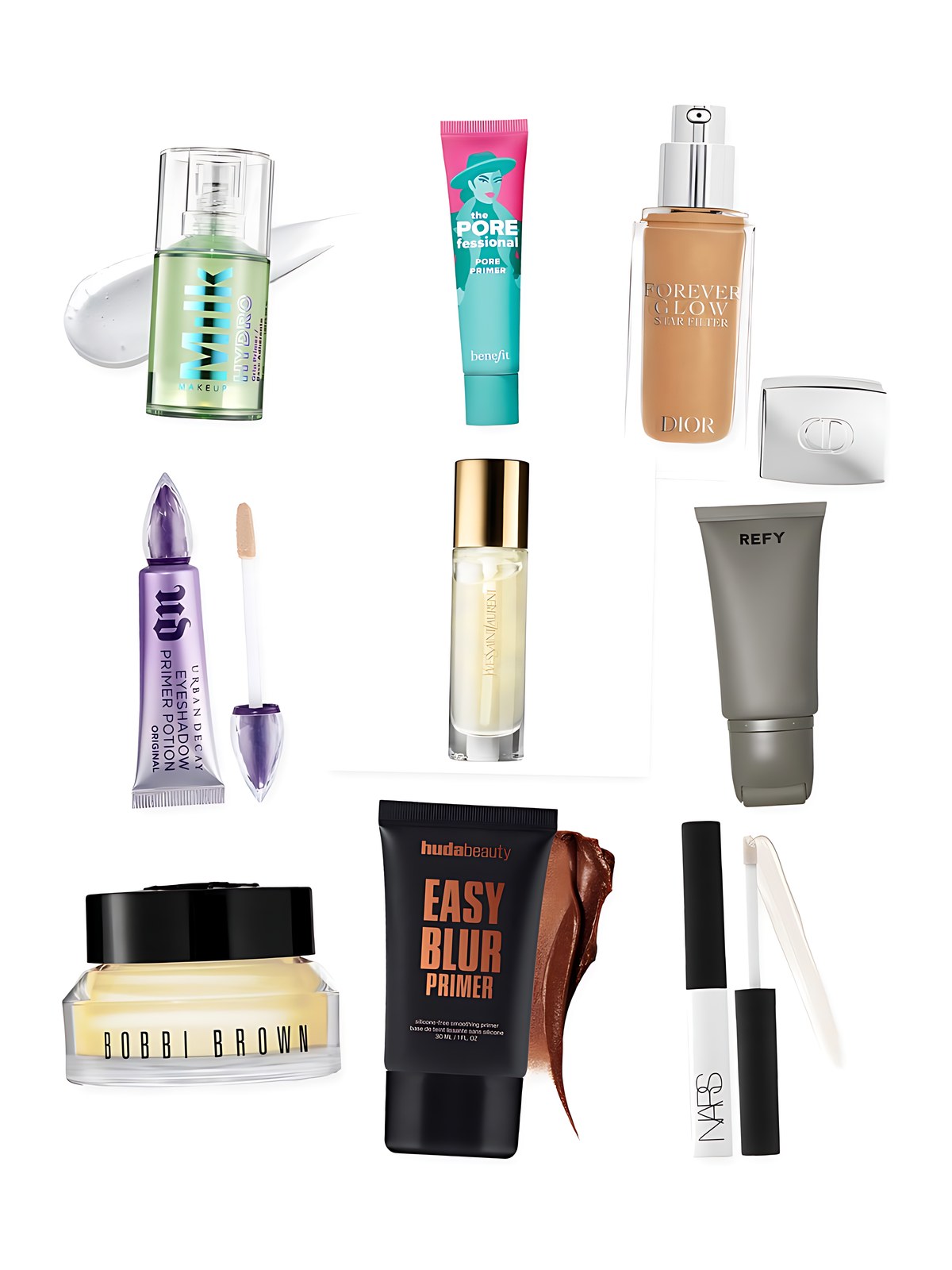 Collage on a white background showing Benefit Cosmetics The POREfessional Pore Minimizing Primer, Milk Makeup Hydro Grip Hydrating Makeup Primer with Hyaluronic Acid + Niacinamide, Urban Decay Eyeshadow Primer Potion, Huda Beauty Easy Blur Silicone-Free Smoothing & Pore-Minimizing Primer, Dior Forever Glow Star Filter Multi-Use Complexion Enhancing Booster, NARS Pro-Prime™ Smudge Proof Eyeshadow Base, Yves Saint Laurent Touche Eclat Blur Face Primer, REFY Glow and Sculpt Face Serum Primer with Niacinamide and Bobbi Brown Vitamin Enriched Eye Base Primer & Moisturizer with Hyaluronic Acid.