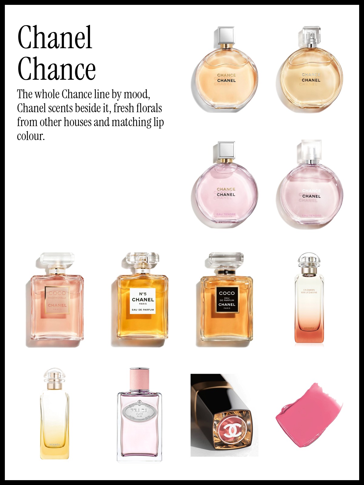 Collage of Chanel Chance Eau de Parfum Spray, Chanel COCO MADEMOISELLE Eau de Parfum and Hermès Un Jardin Sur La Lagune Eau de Toilette