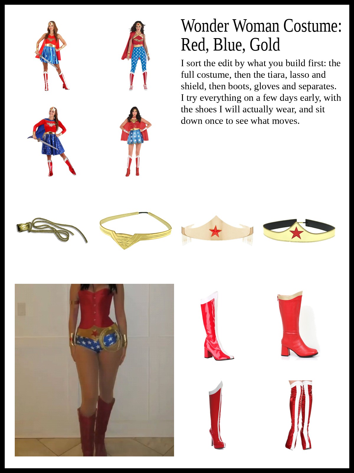 Collage of Wonder Woman dress, tee and armored costumes, gold tiaras, gauntlets, lassos and shields, and red boots, gloves and leggings, and a mood photo of a red corset, star shorts and red boots
