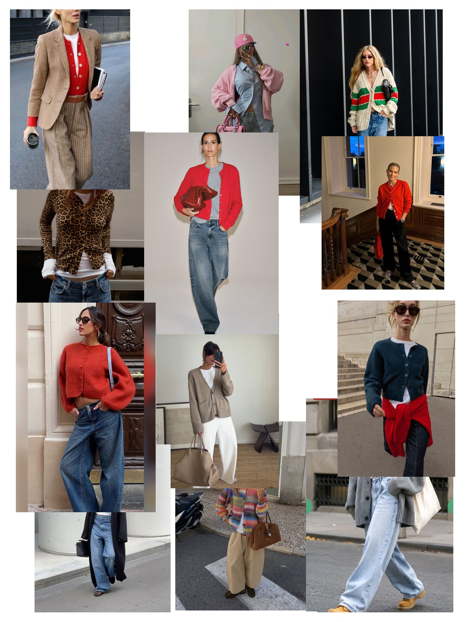 Street-style collage of 12 outfit photos featuring cardigan, scattered and overlapping