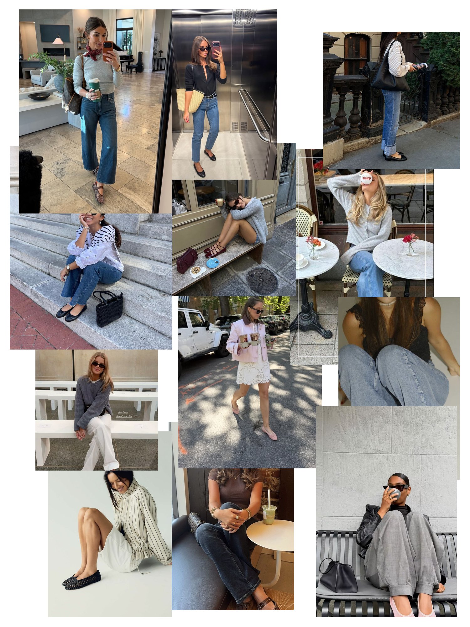Street-style collage of 12 outfit photos featuring sam edelman, scattered and overlapping