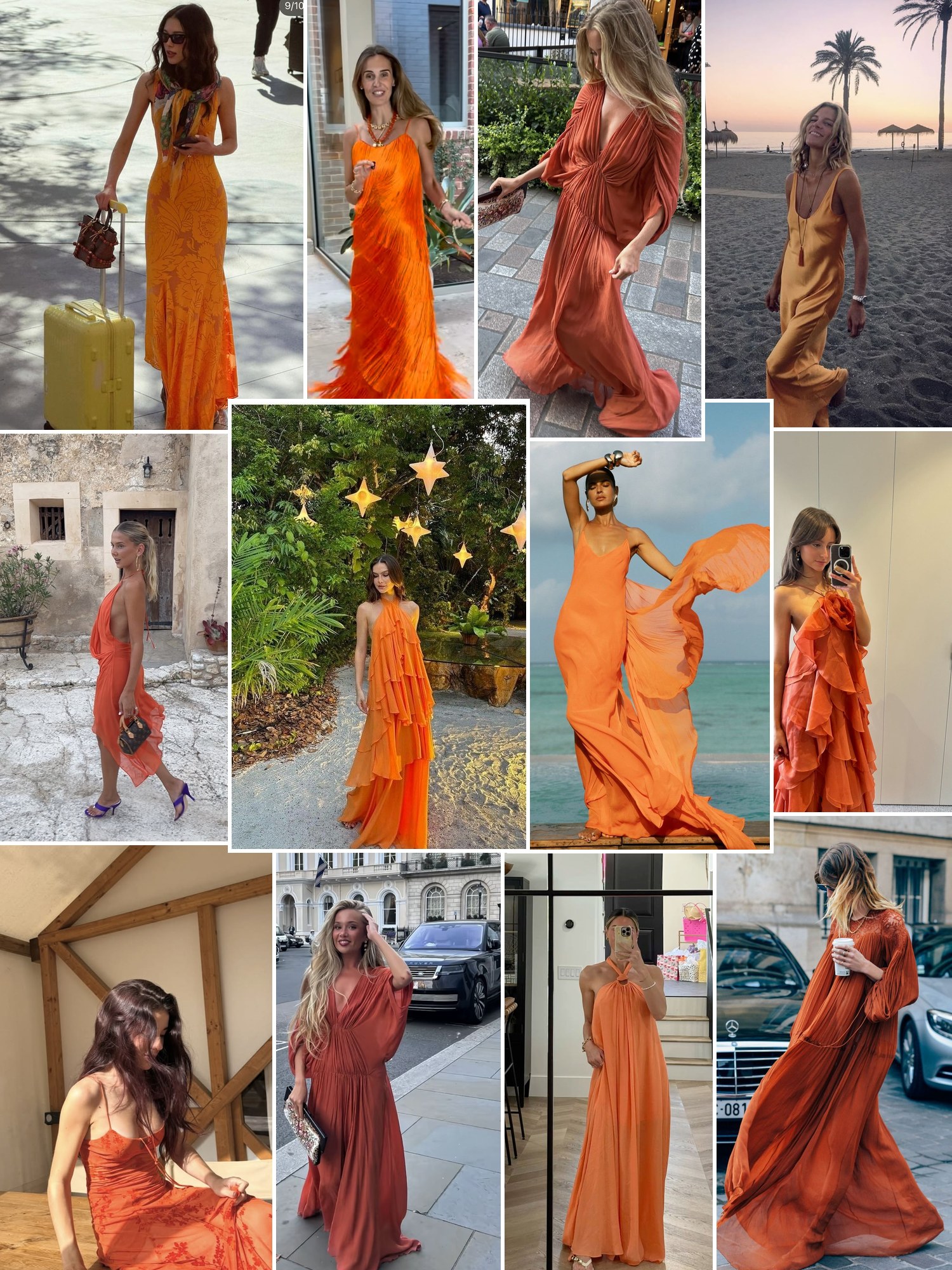 Collage of everyday looks built around orange midi and maxi dresses