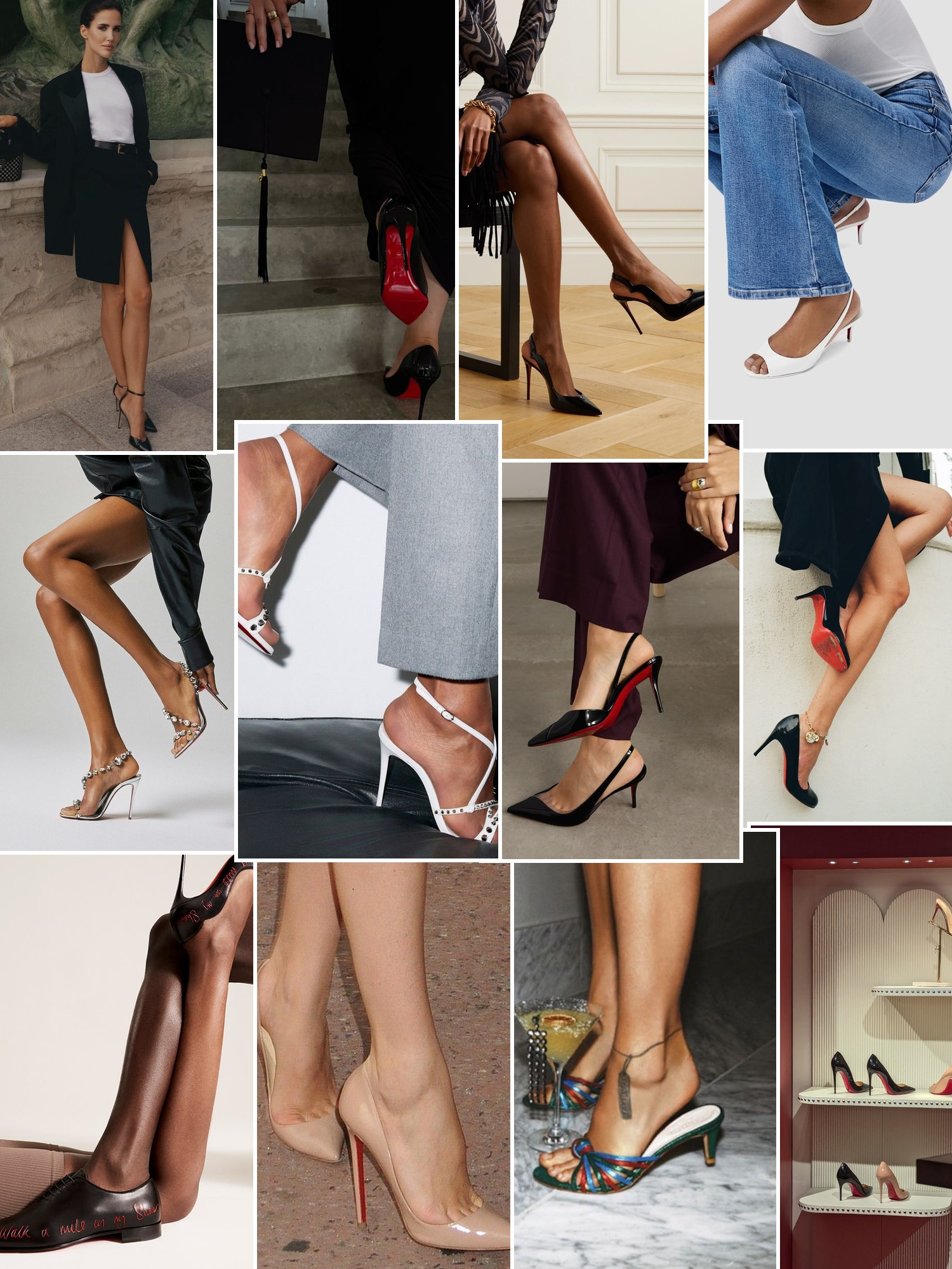 Collage of shoes styled with city, runway and evening outfits that capture the Christian Louboutin mood