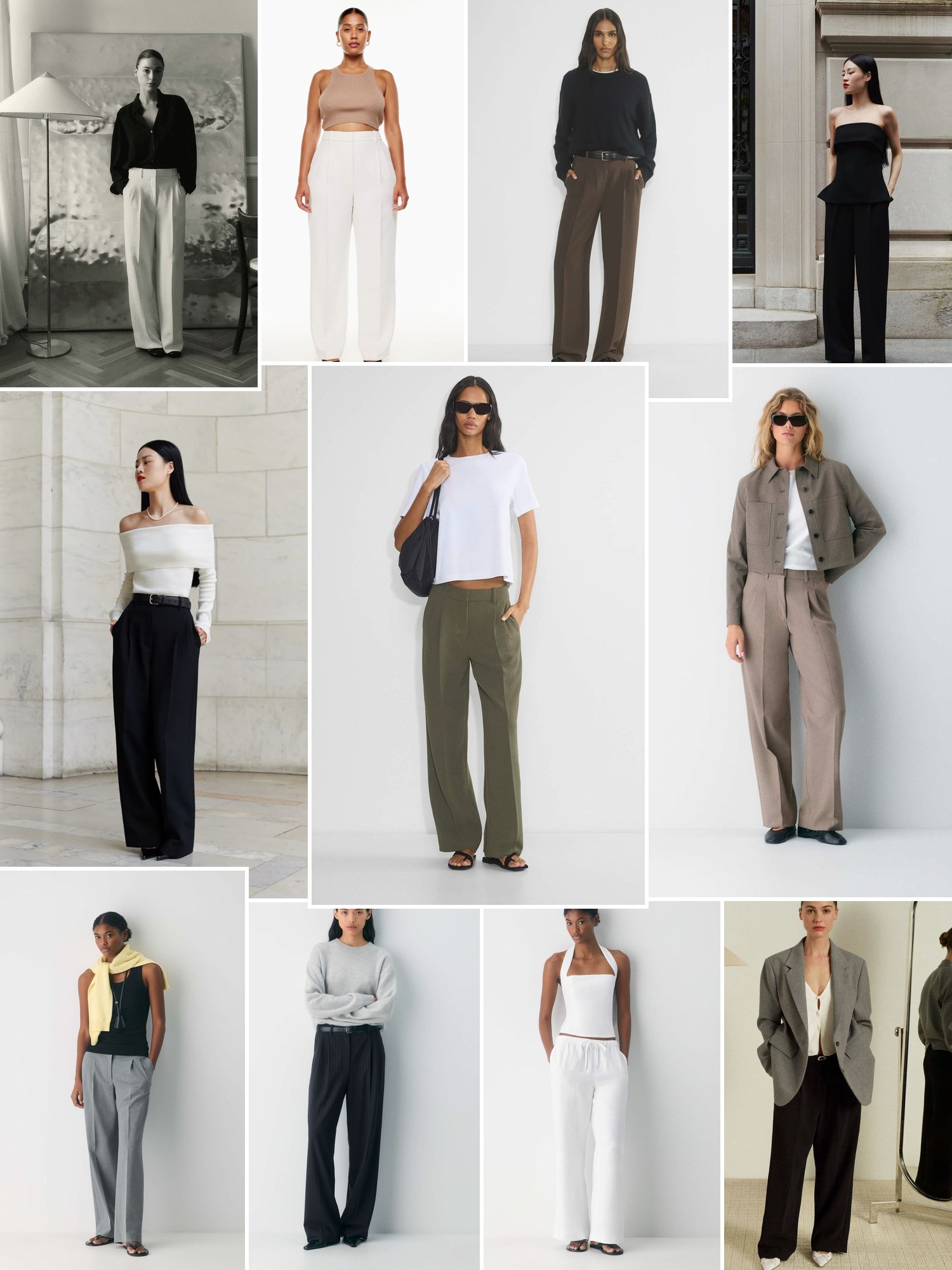 Street style collage of women wearing Aritzia Effortless Pant dupe