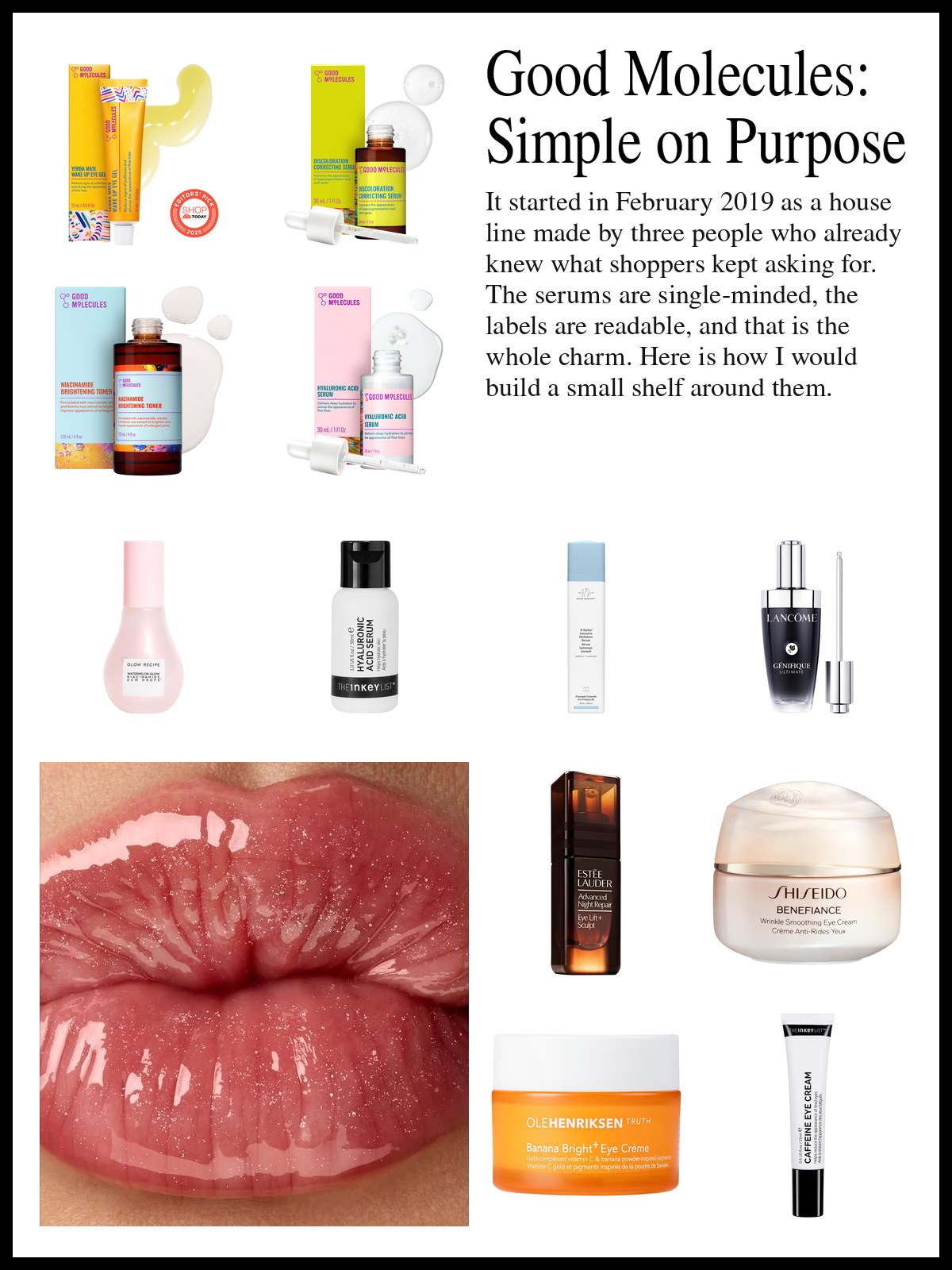Collage of Good Molecules serums, other hydrating serums and eye creams beside a tight close-up photo of full, glossy pink-red lips dusted with fine shimmer.