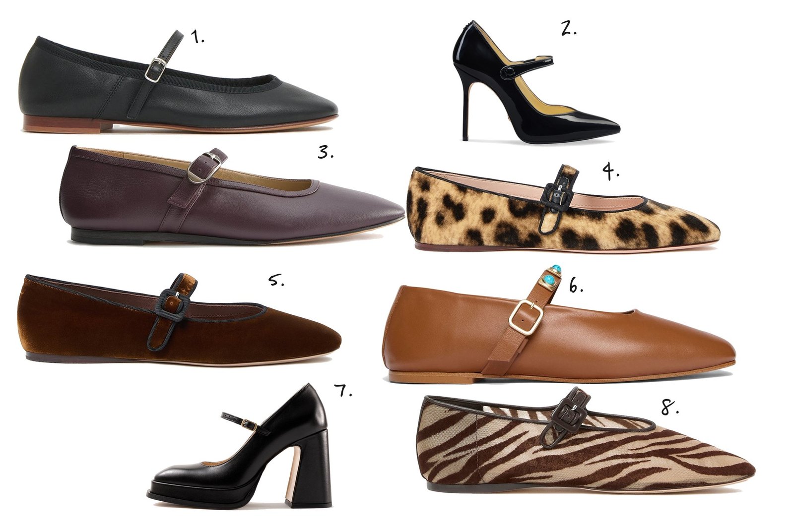 Numbered collage: 1. Mansur Gavriel Dance Mary Jane in Black; 2. Sarah Flint Perfect Mary Jane Pump 100; 3. Le Monde Béryl Ballet Mary Jane in Bordeaux; 4. Loeffler Randall Ginger Mary Jane in Leopard; 5. Loeffler Randall Ginger Mary Jane in Brown Velvet; 6. Freda Salvador Jane Mary Jane; 7. Souliers Martinez Casilda Mary Jane Pump; 8. Loeffler Randall Junia Mary Jane Flat in Zebra