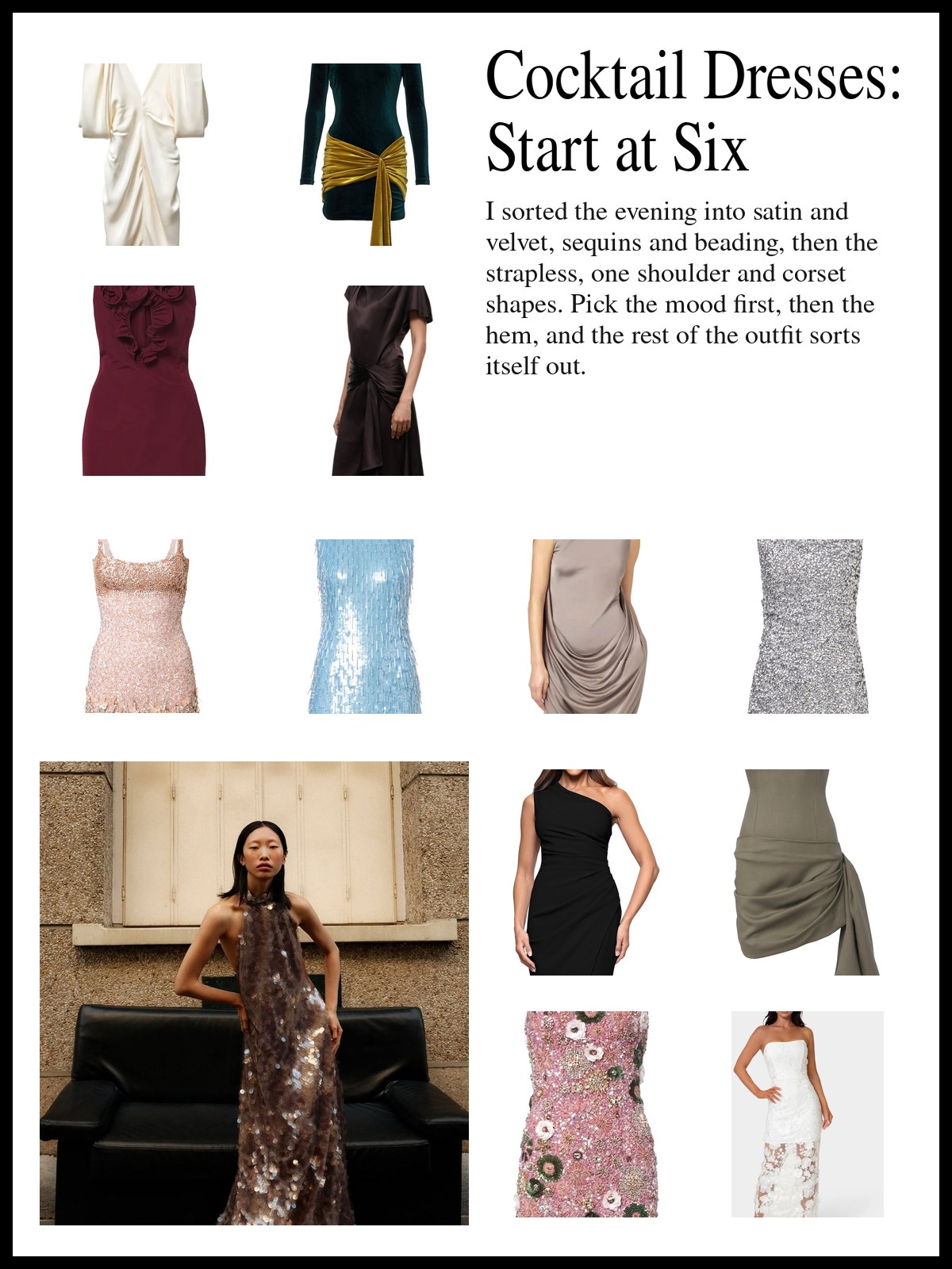 A collage of satin midi dresses, velvet minidresses, embellished minis, one shoulder styles and corset dresses, and a mood photo of a woman in a sequined gown on a leather sofa.