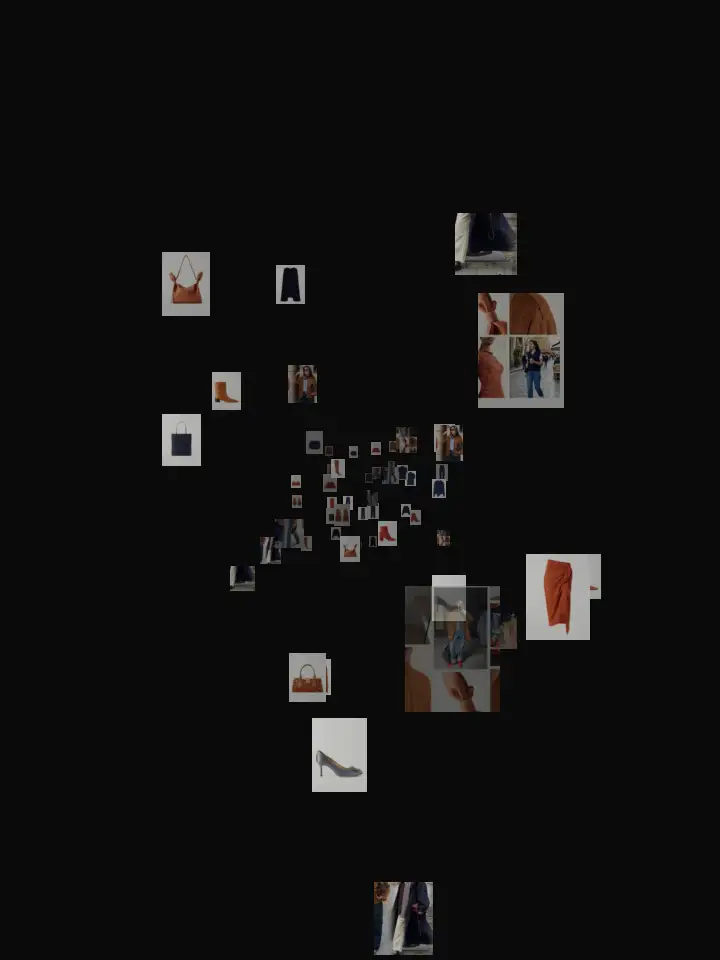 Phia digital closet demo with pieces from this rust and navy edit: save the Loewe Scarf Medium Shoulder Bag as you browse, Gmail receipts fill your Closet, and Phia builds an outfit in one step