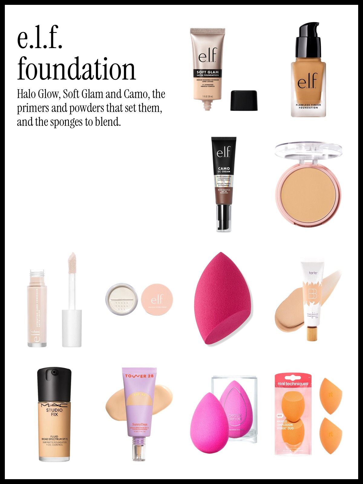 Collage of e.l.f. Soft Glam Satin Foundation, e.l.f. Hydrating Camo Concealer and tarte BB Blur Natural Matte Tinted Moisturizer