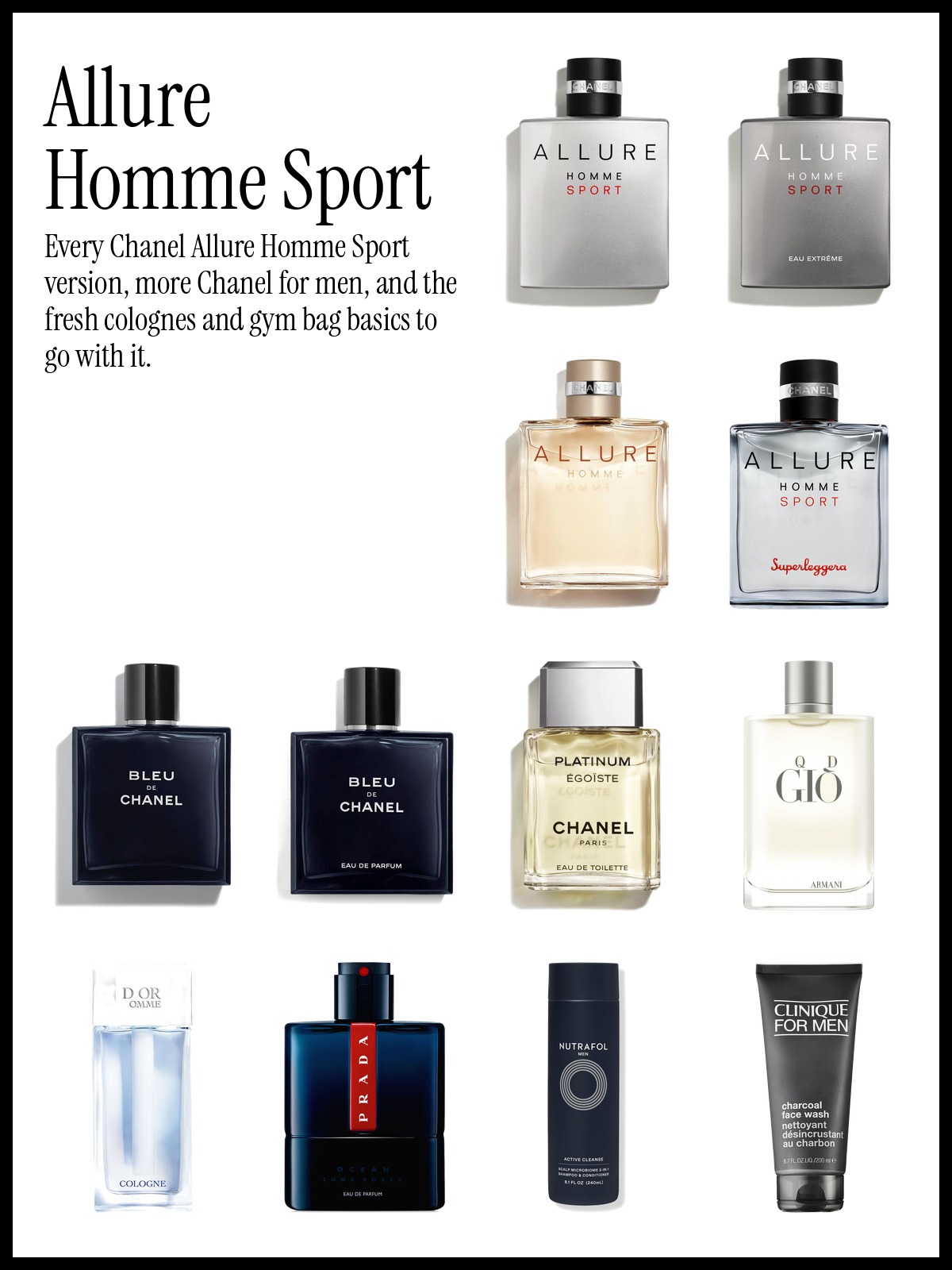 Collage of Chanel Allure Homme Sport Eau de Toilette, Bleu de Chanel Eau de Toilette and Armani Acqua di Giò Eau de Toilette