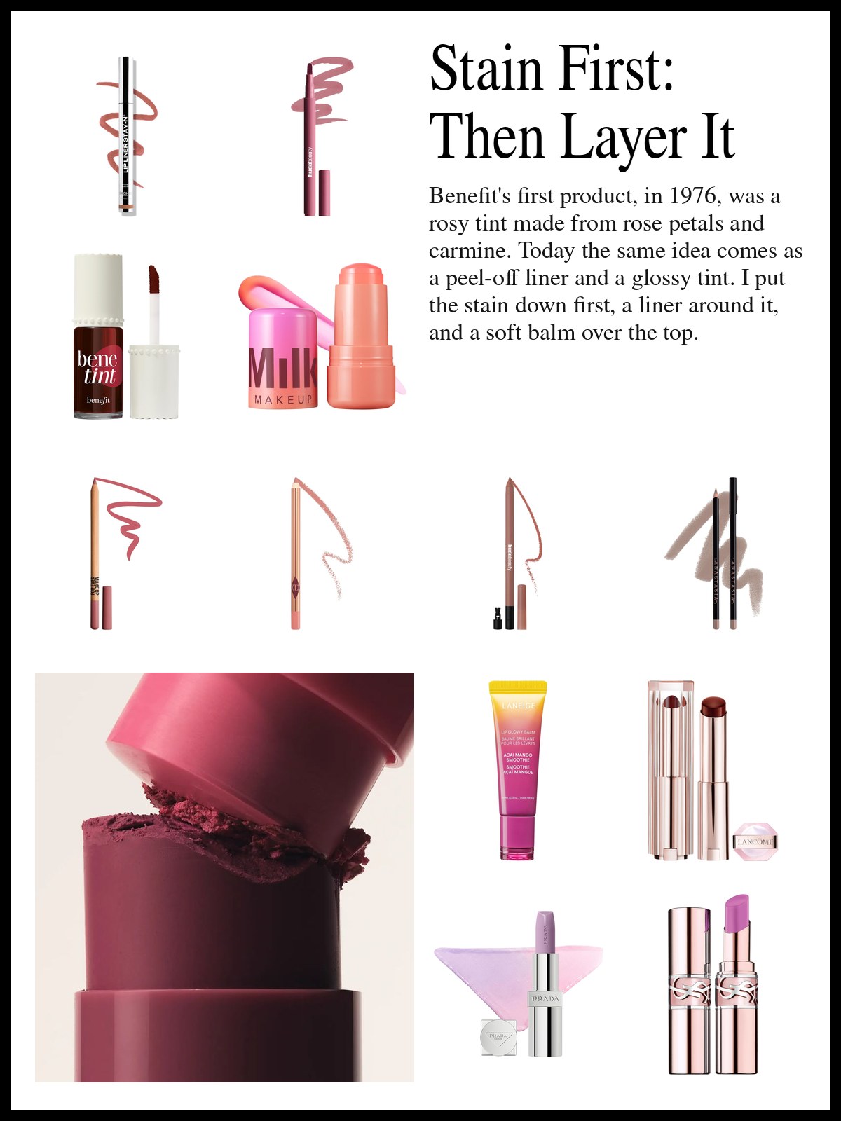 Collage of lip tints, liners and tinted balms beside a close-up photo of deep berry lip color, a pink lid tipped against a crumbling plum bullet.