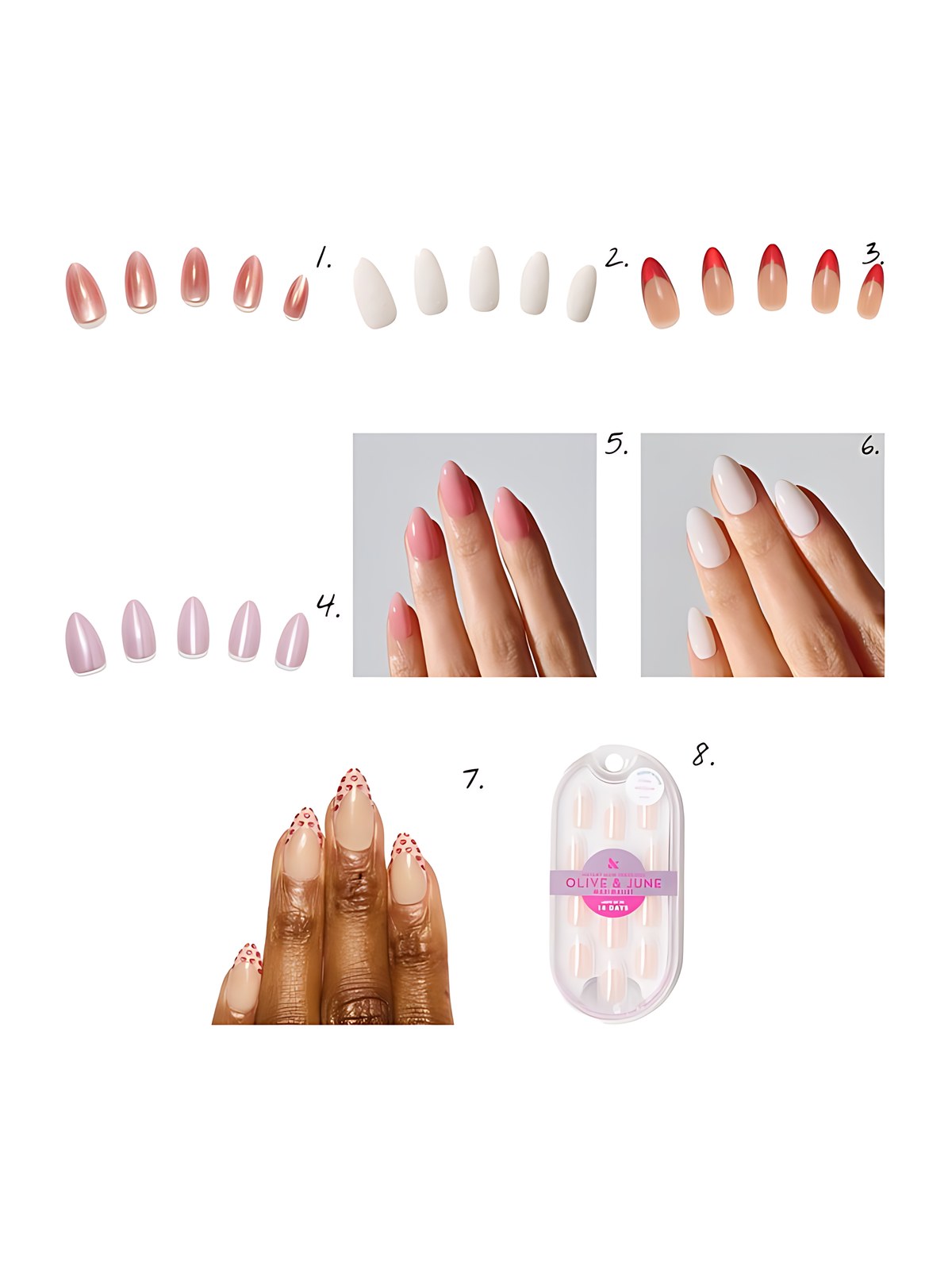 Numbered collage: 1. Nail Reformation Press On Nails; 2. Nail Reformation Press On Nails; 3. Nail Reformation Press On Nails; 4. Nail Reformation Press On Nails; 5. ohora NP Blush Pink; 6. ohora NP Pure White; 7. Chillhouse Call me Baby; 8. Olive & June Signature Chrome French - Press-On | Medium | Oval