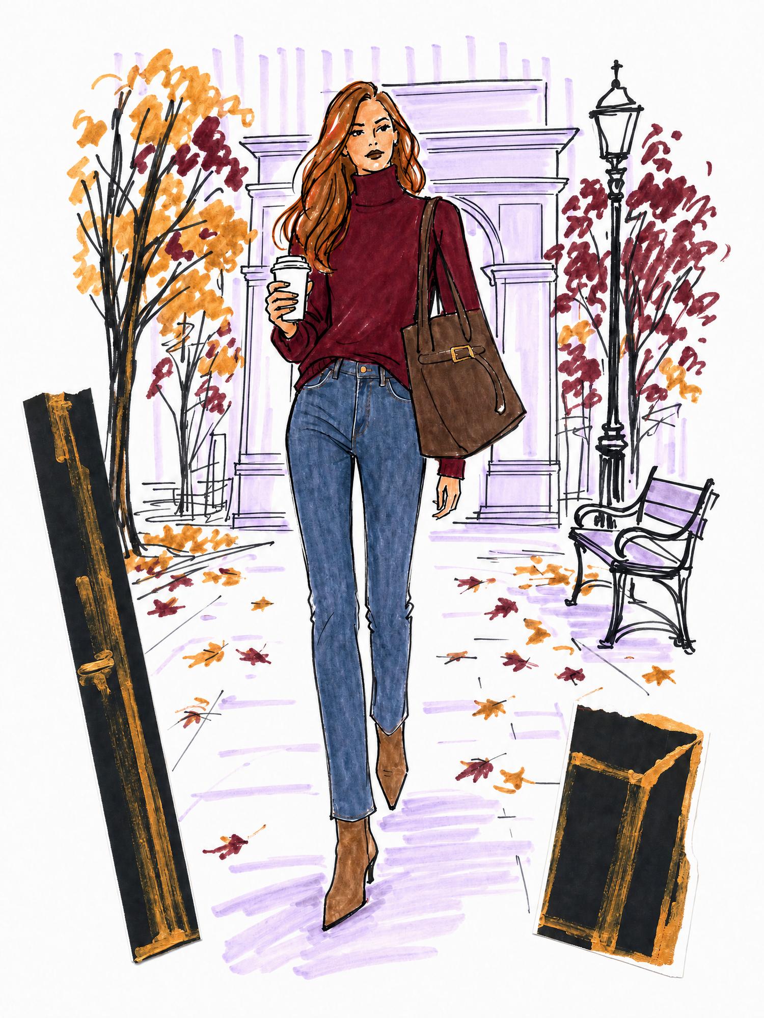 Illustration of a woman in Washington Square Park in a burgundy turtleneck, slim blue jeans, sand suede ankle boots and a brown suede tote