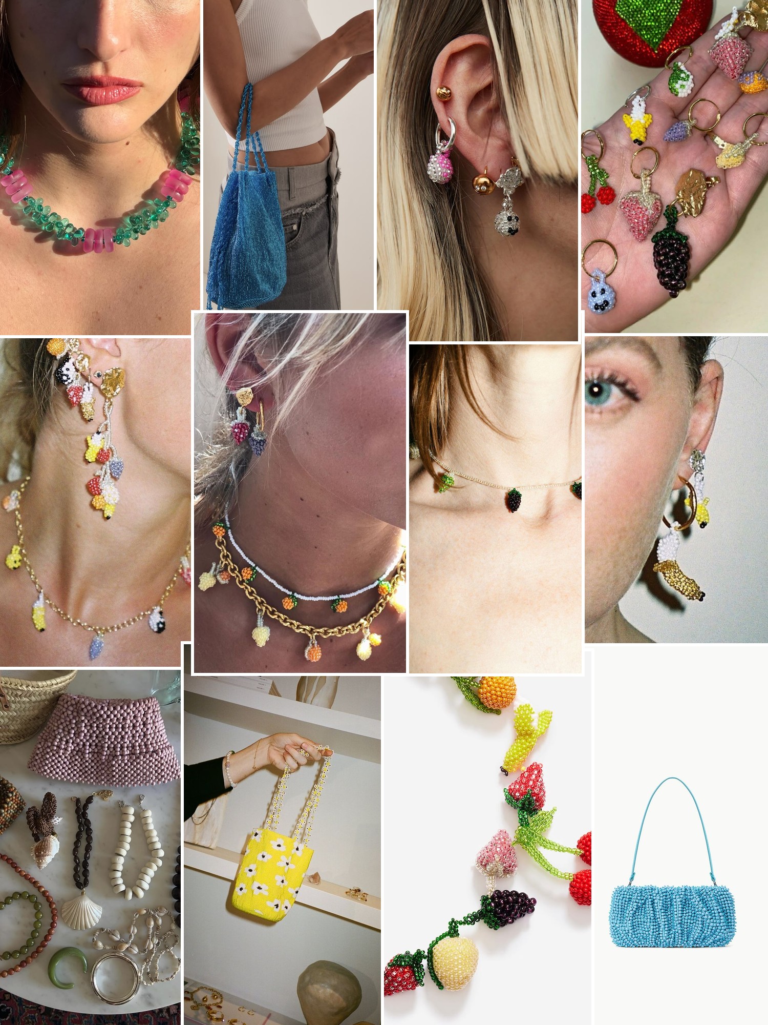 Collage of rings, earrings and layered necklaces worn up close, in the spirit of Pura Utz