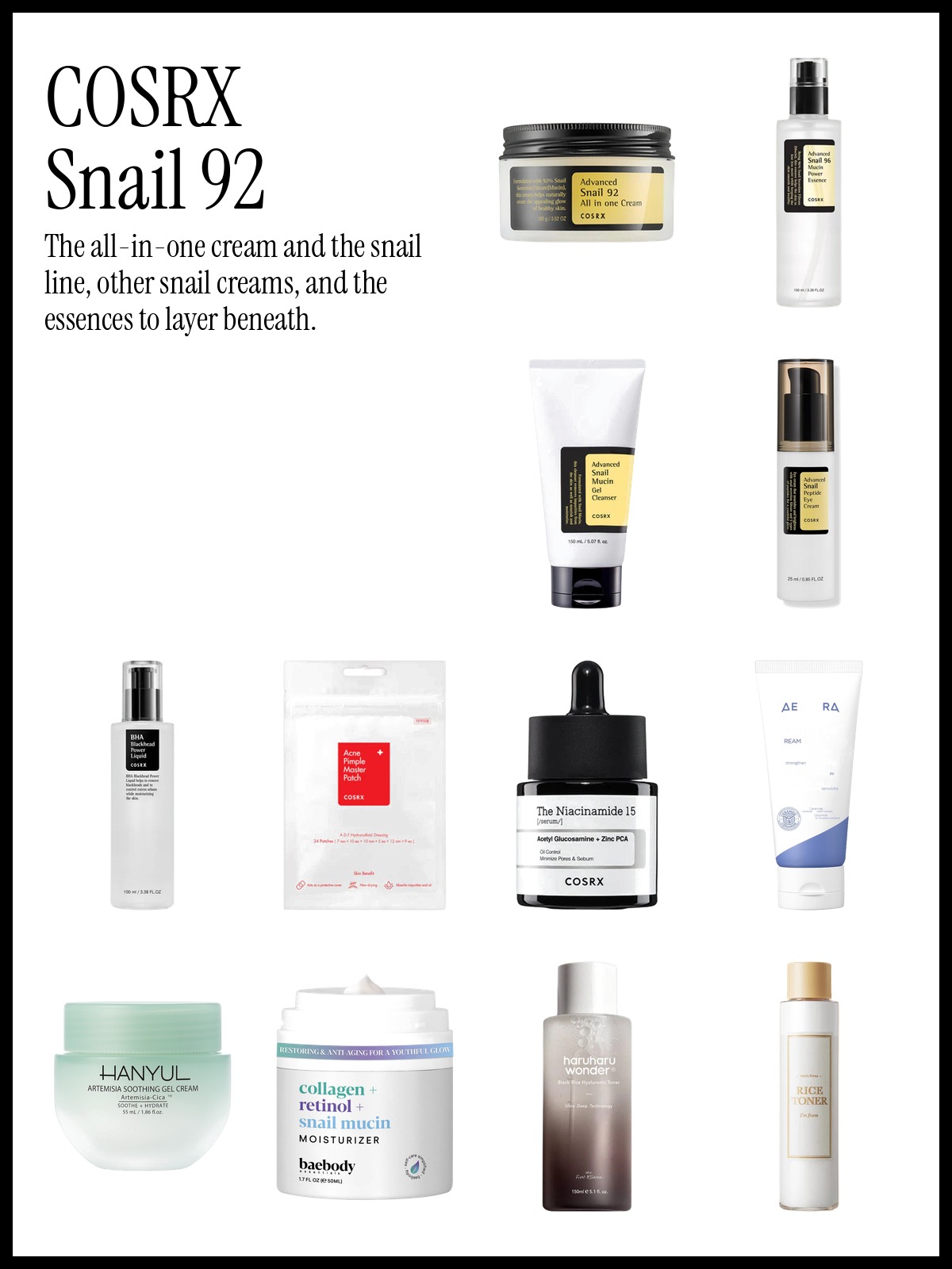 Collage of COSRX Advanced Snail 92 All In One Cream, COSRX BHA Blackhead Power Liquid and AESTURA ATOBARRIER365 Cream