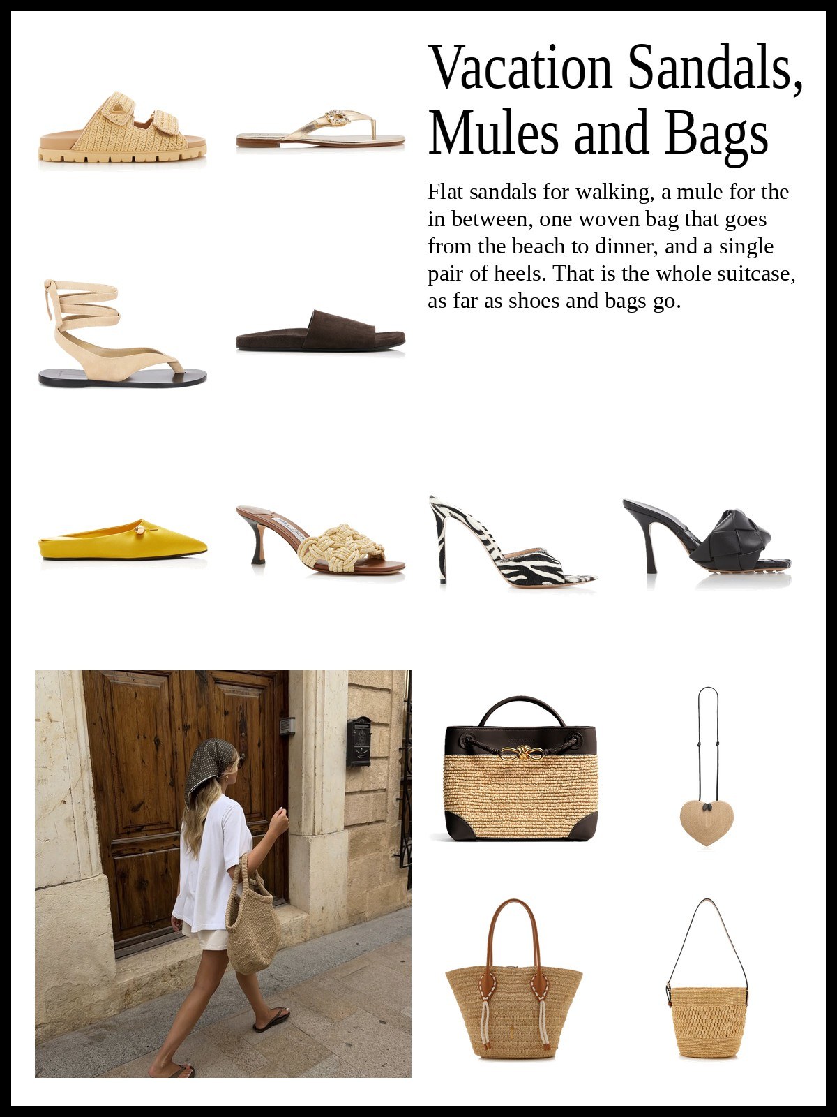 Collage of flat sandals, mules and woven bags from this edit with a photo of a woman carrying a straw basket bag