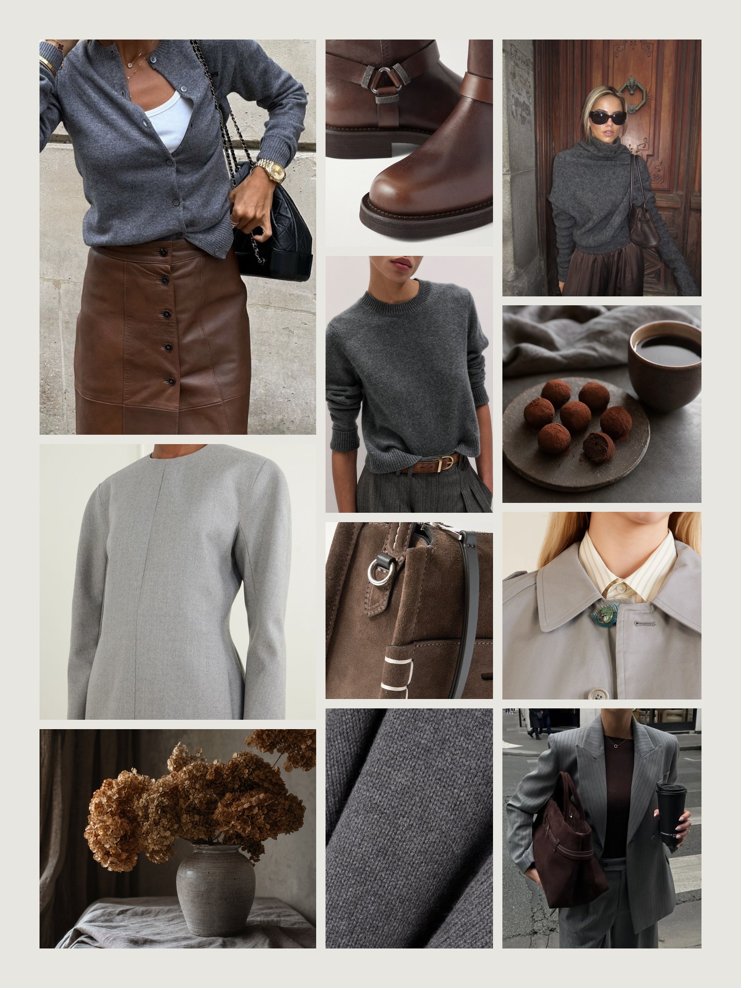 Mood board for gray and chocolate brown outfits: four street-style photos of women wearing gray and chocolate brown, close-ups of the JW Anderson shoulder bag, the Brunello Cucinelli biker boots, the Lisa Yang sweater, the Bottega Veneta knee-length dress and the God's True Cashmere coat from this edit, and two still lifes in both colors