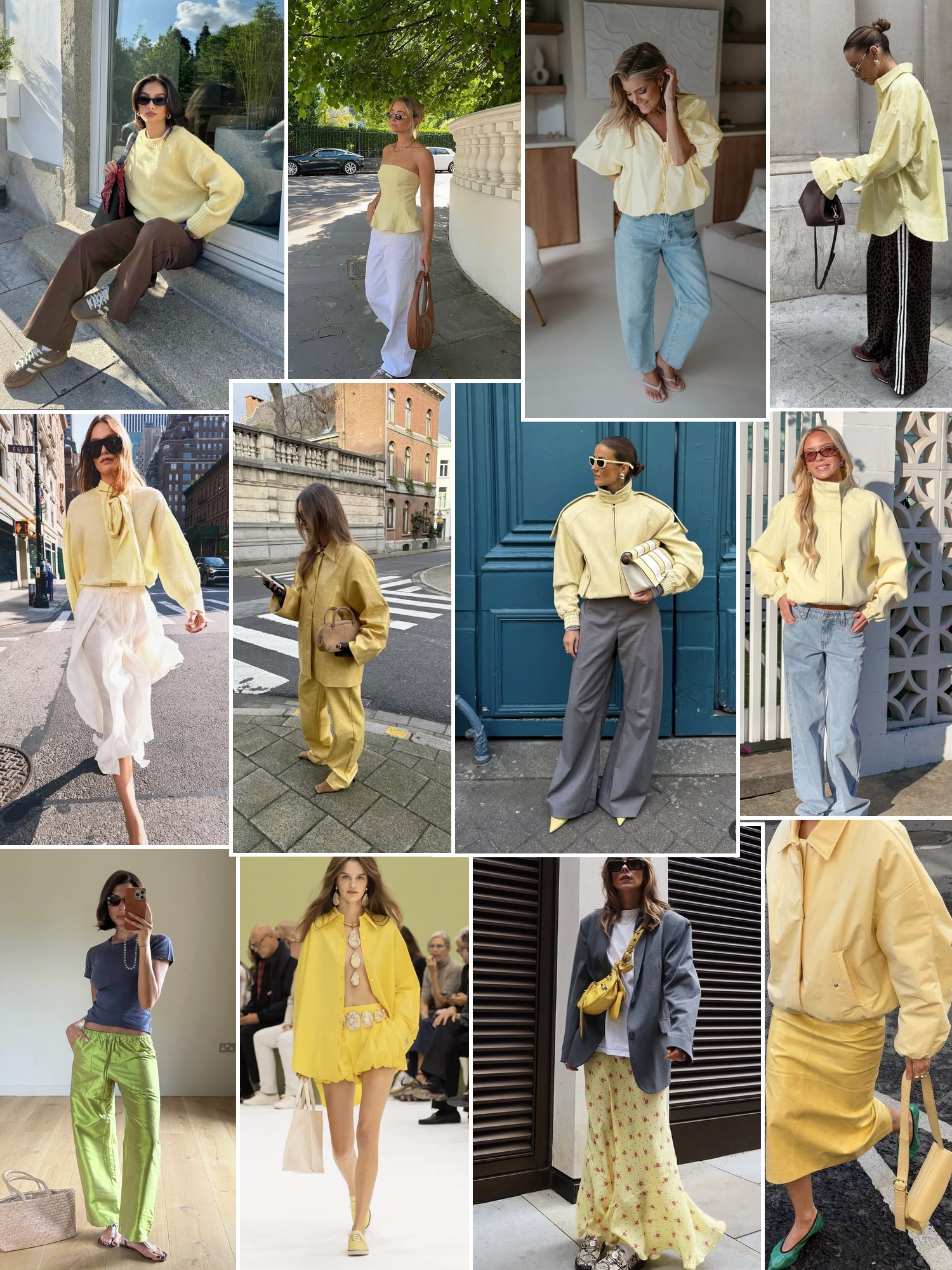 Collage of sunny yellow outfits, soft tailoring, knitwear and street style in warm city settings.