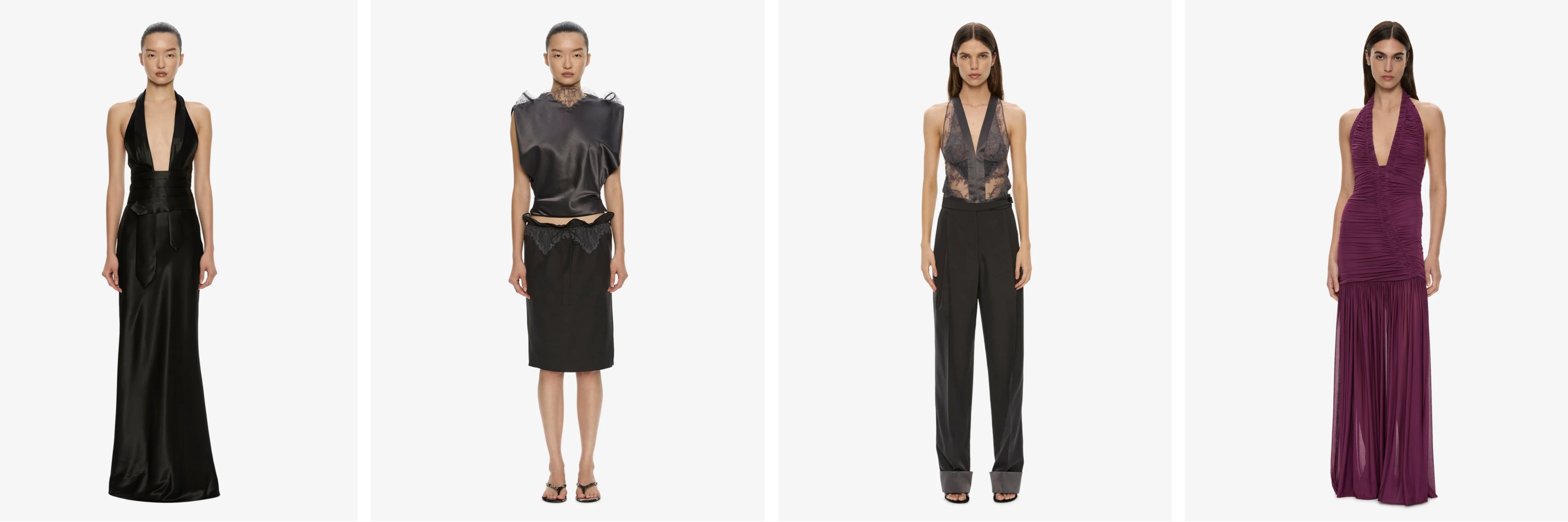Collage of campaign looks that capture the Christopher Esber mood, including a black satin halter gown, a draped satin top with a lace-trimmed skirt, a sheer lace halter with cuffed trousers, and a plum ruched halter gown.