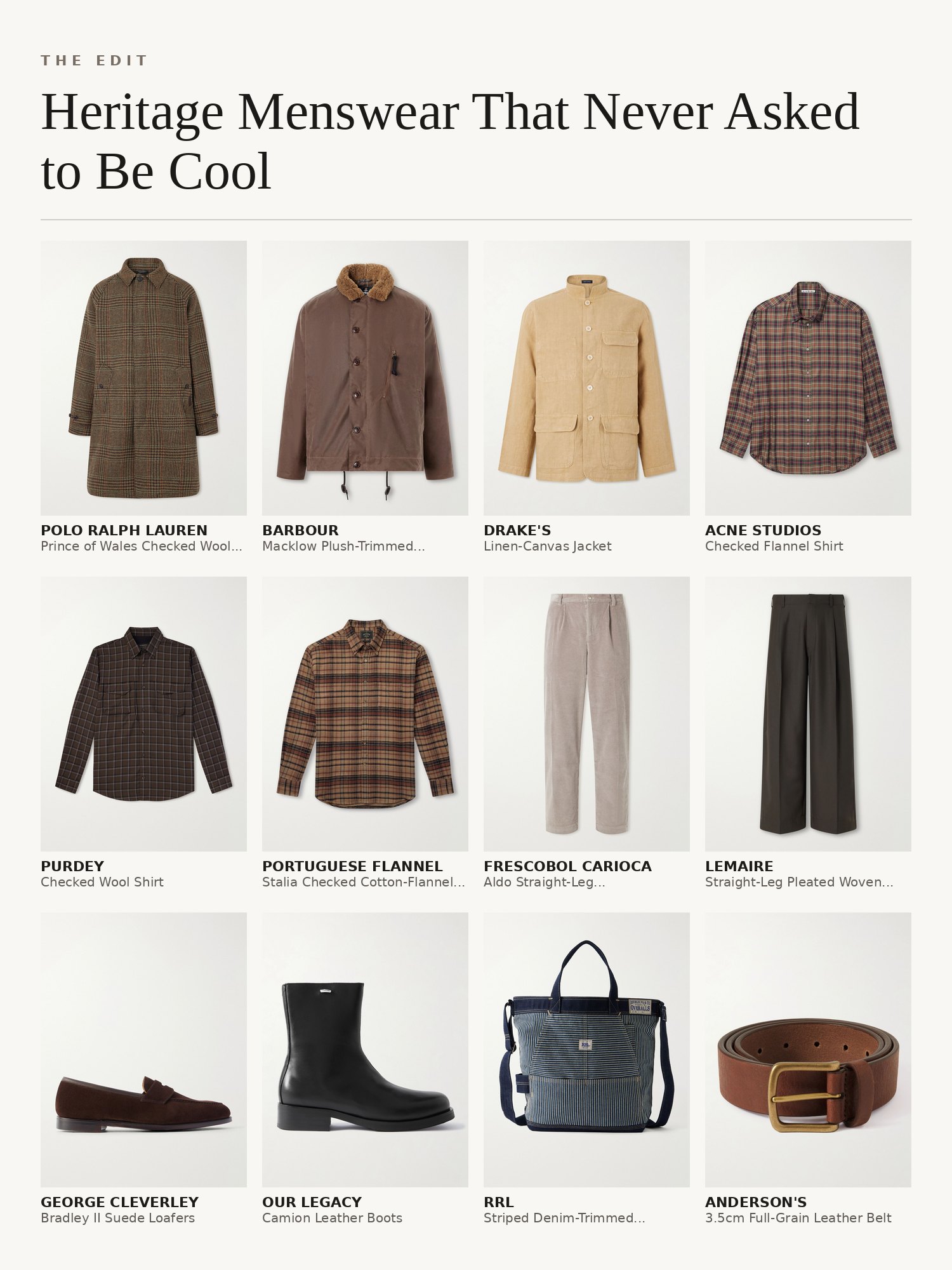 Collage of heritage menswear: waxed jackets, checked flannel shirts, corduroy trousers, suede loafers and cashmere scarves