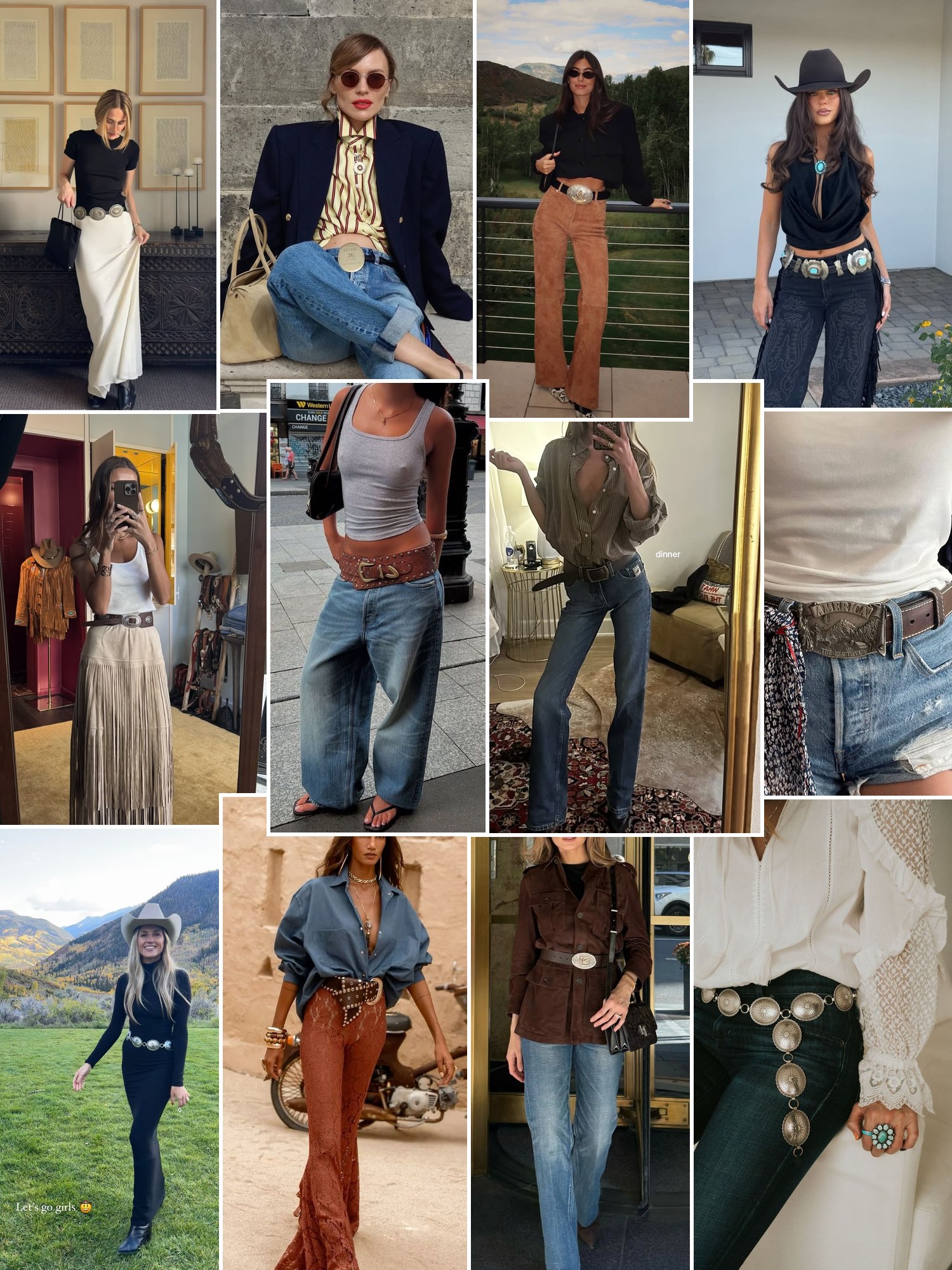 Collage of everyday looks built around western belts with silver concho buckles