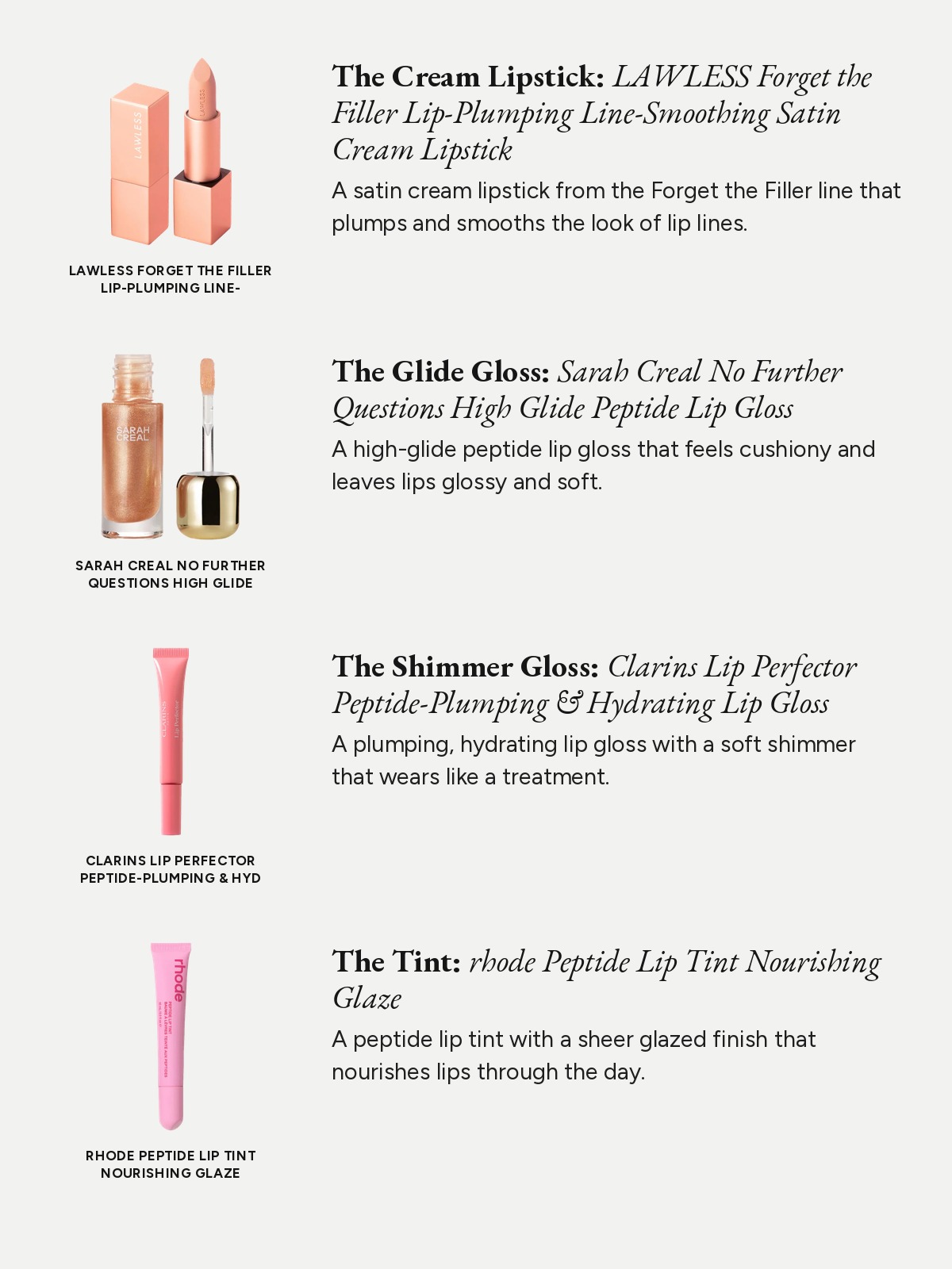 A spec-list collage featuring a LAWLESS satin lipstick, Sarah Creal and Clarins glosses, and a rhode peptide lip tint.