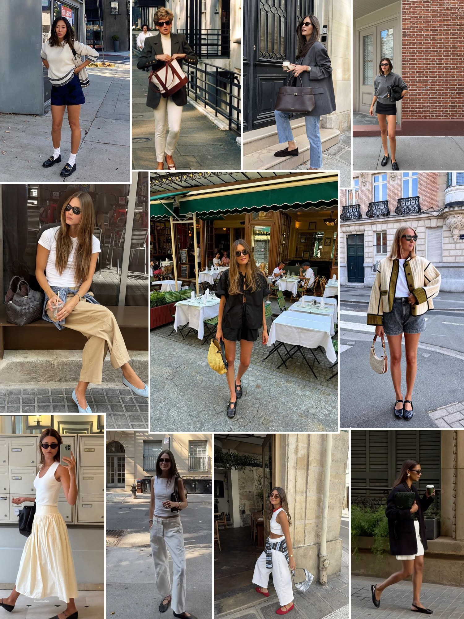 Street style collage of women in designer loafers, ballet flats and boots