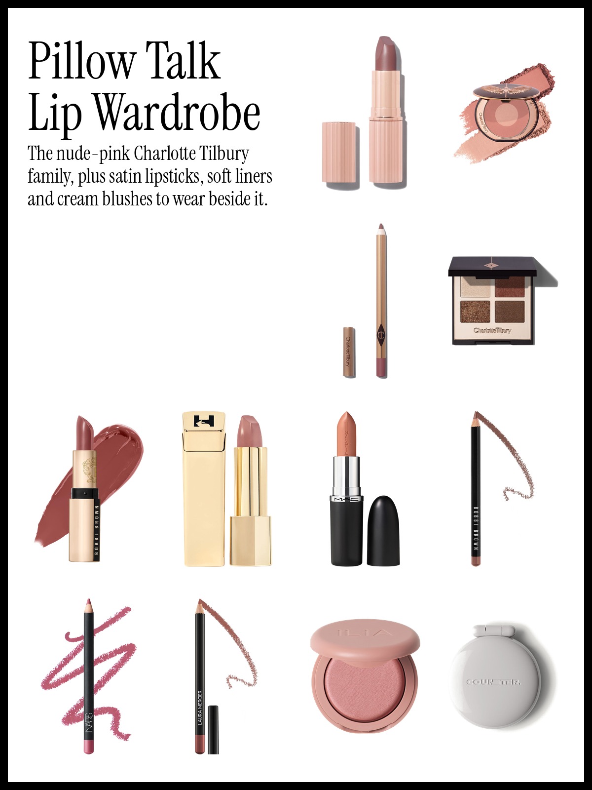 Collage of Charlotte Tilbury Matte Revolution Lipstick, Bobbi Brown Lip Liner Pencil and Bobbi Brown Luxe Hydrating Lipstick with blush and lip liners