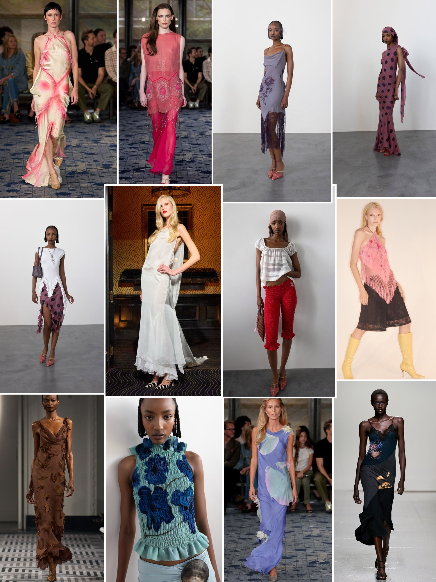 Collage of runway looks, campaign shots and street style outfits that capture the Conner Ives mood