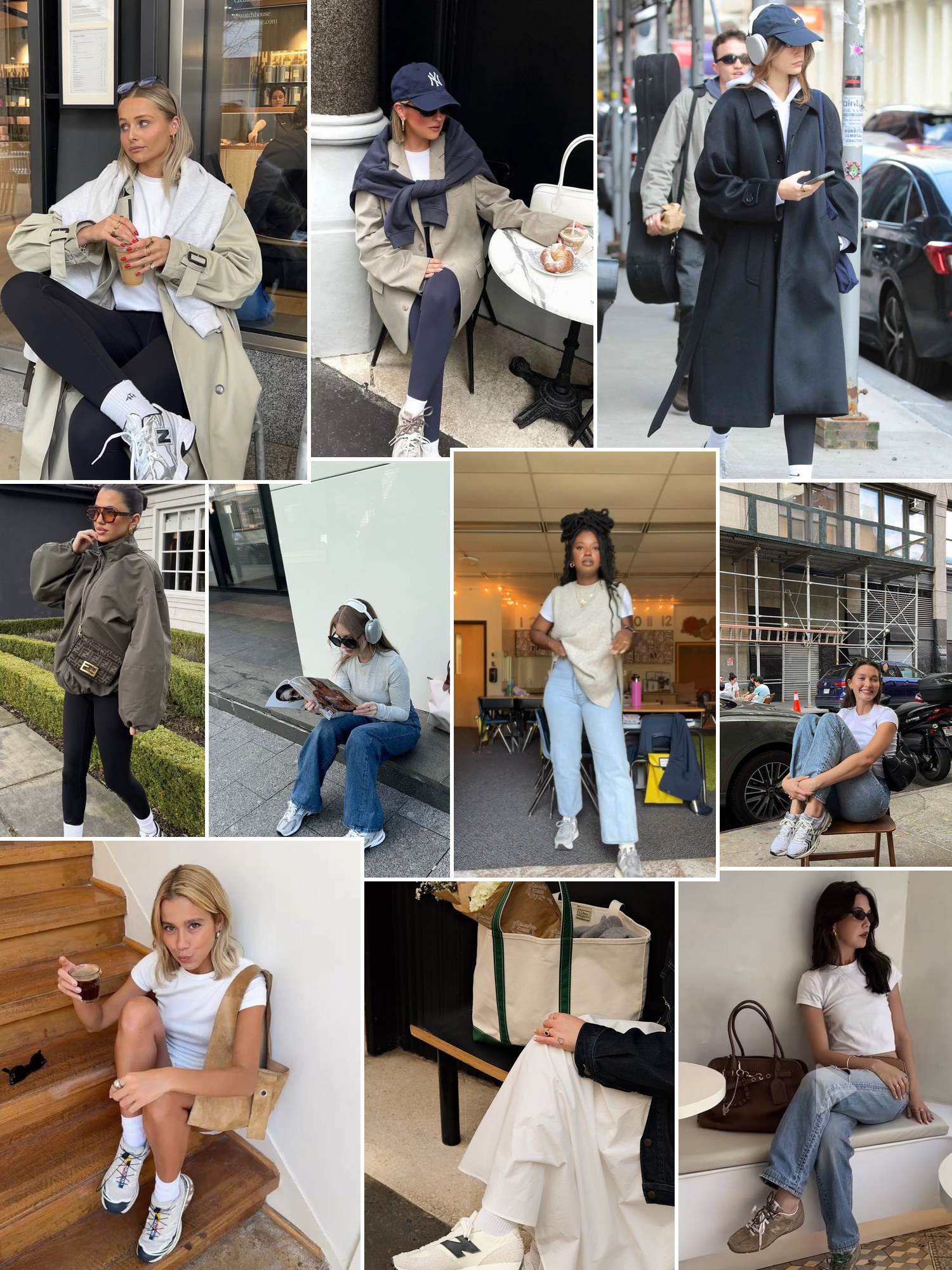 Collage of walking sneakers with leggings and jeans