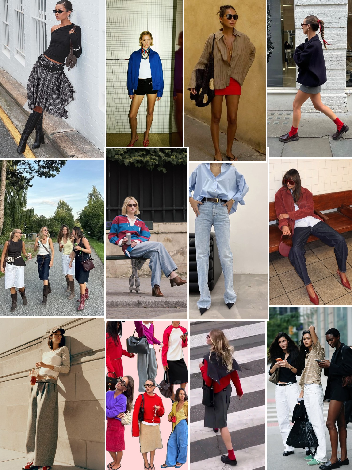 A collage of street style outfits mixing skirts, layers, denim, knits, and relaxed tailoring.