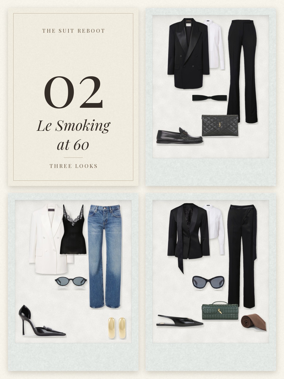 The Suit Reboot trend card and three tuxedo outfits laid flat in Polaroid frames
