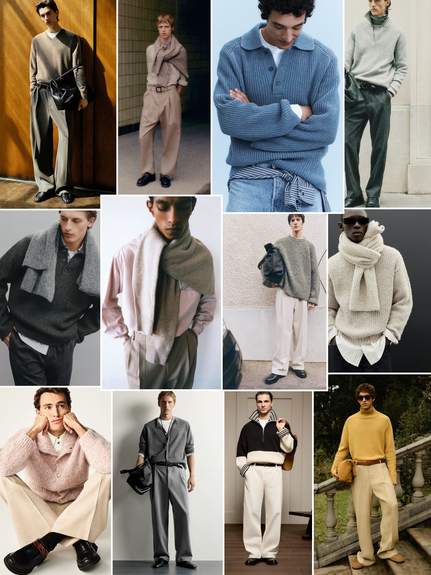 Mr Porter menswear collage of knitwear, trousers, loafers and leather goods