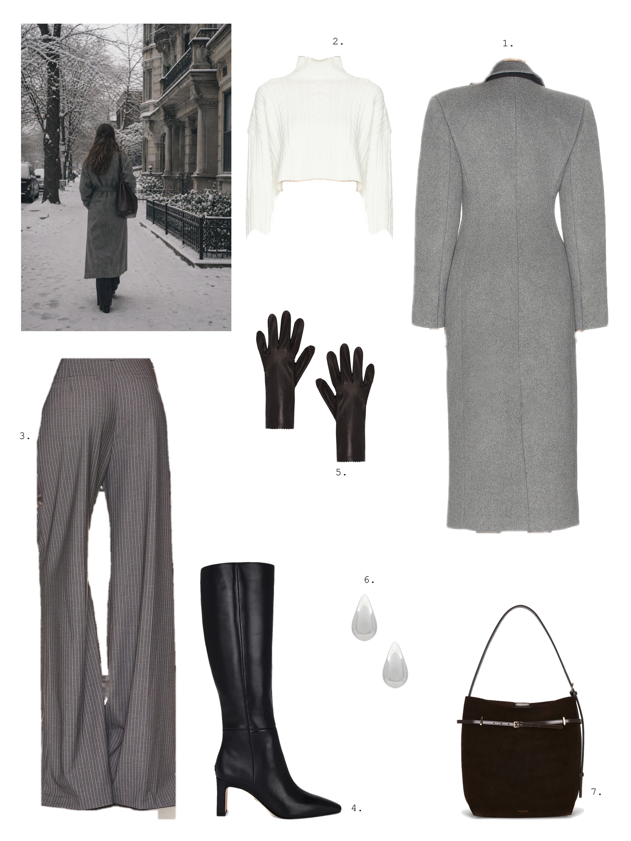 Winter moodboard collage: a photo of a snowy city street beside a long charcoal coat, a white cable turtleneck, grey pinstripe trousers, black knee boots, brown leather gloves, silver drop earrings and a dark brown suede tote.