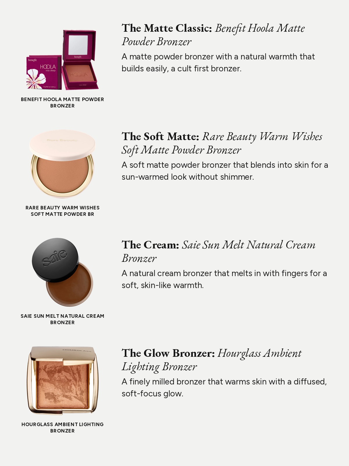 A four-row spec-list comparing bronzers from Benefit, Rare Beauty, Saie and Hourglass.