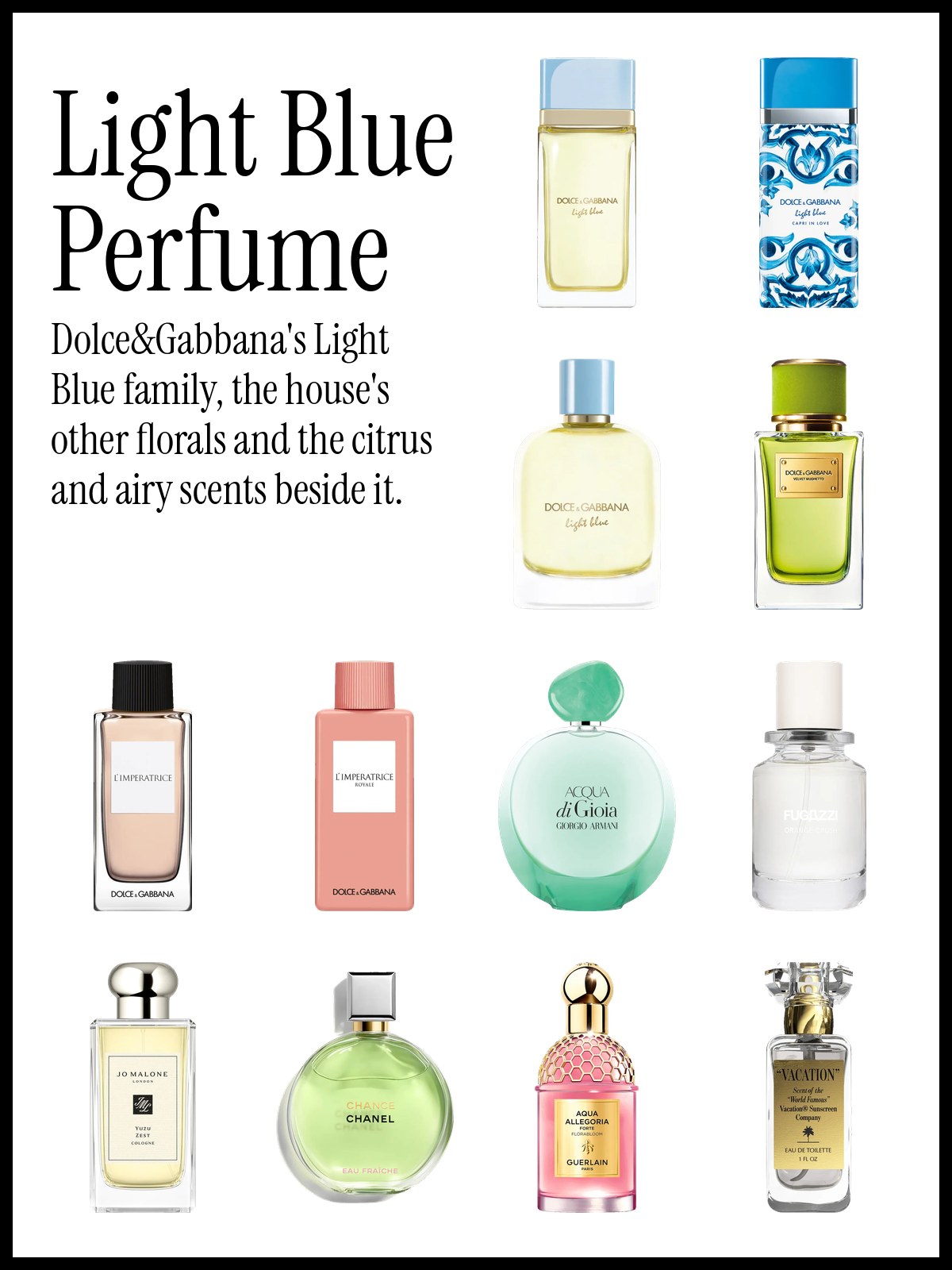 Collage of Dolce&Gabbana Light Blue Eau de Parfum and Capri in Love with L'Imperatrice, Armani Acqua di Gioia, FUGAZZI Orange Crush and Chanel Chance Eau Fraiche
