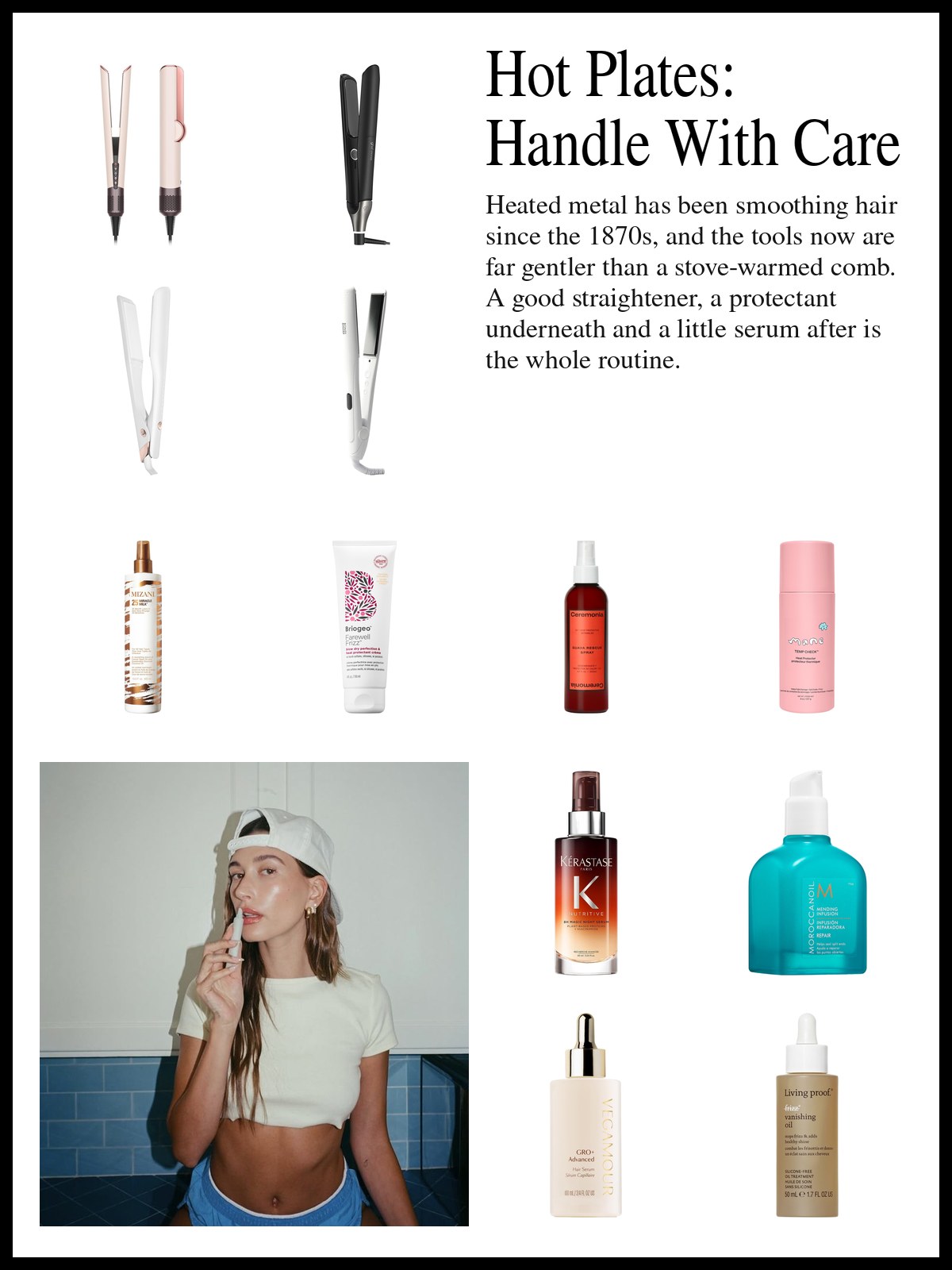 Collage of hair straighteners, heat protectants and smoothing serums beside a photo of a woman in a backward white cap and cream tee, holding a pale balm stick to her lips against blue tile.