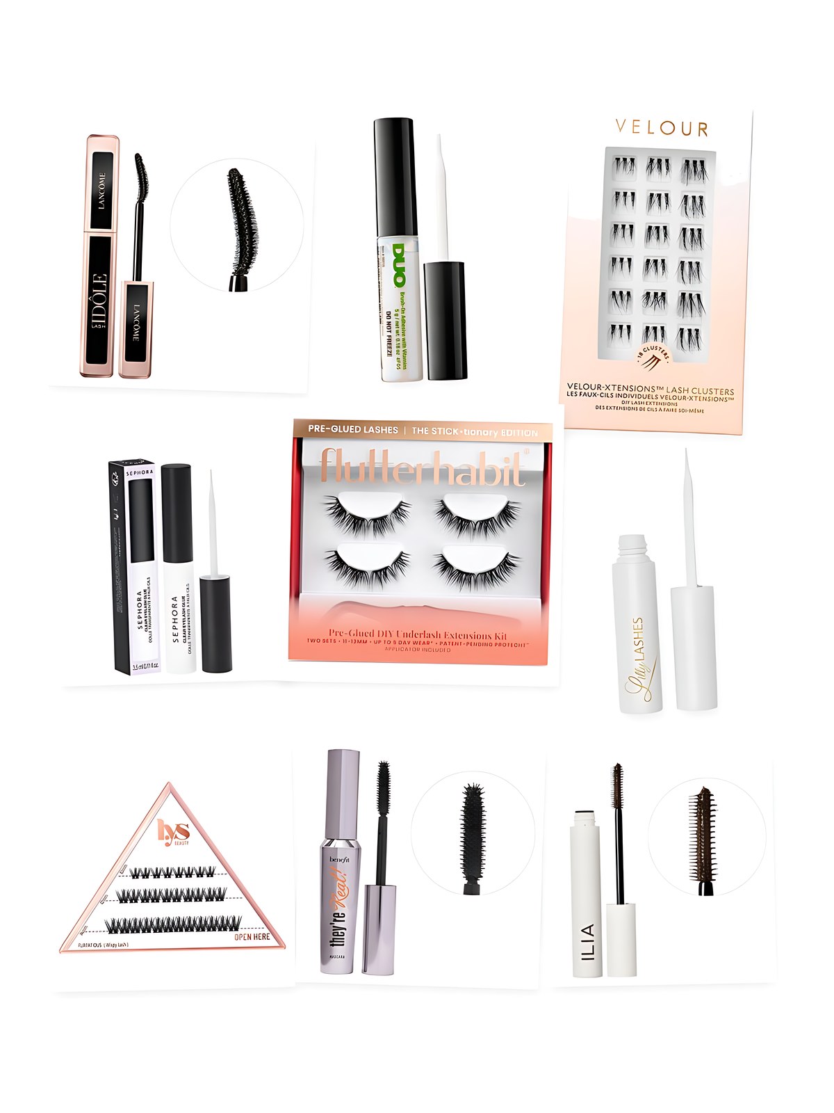 Collage on a white background showing FlutterHabit Pre-Glued Lash Extension Kit – Up to 5 Days, Lilly Lashes Lilly Lashes Brush On Lash Adhesive, Lancôme Lash Idôle Lengthening & Volumizing Mascara, Velour Lashes Velour-Xtensions™ False Lash Clusters, DUO Brush On Adhesive, Benefit Cosmetics They're Real! Lengthening Mascara, LYS Beauty Uplifted Press & Go False Lash Clusters, Sephora Collection Lash Glue and ILIA Limitless Lash Mascara - Clean Lengthening Mascara.